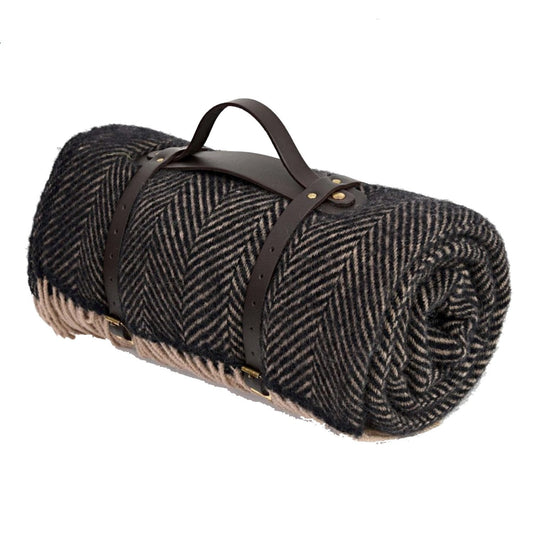 Highland Tweeds Herringbone Roll-Up Travel Blanket ~ Black ~