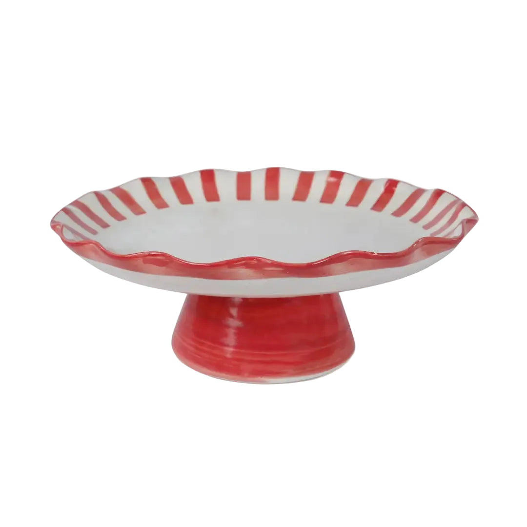 Ceramic Stripe Cake Stand,Red - 10 x 10 x 3.75 Inches
