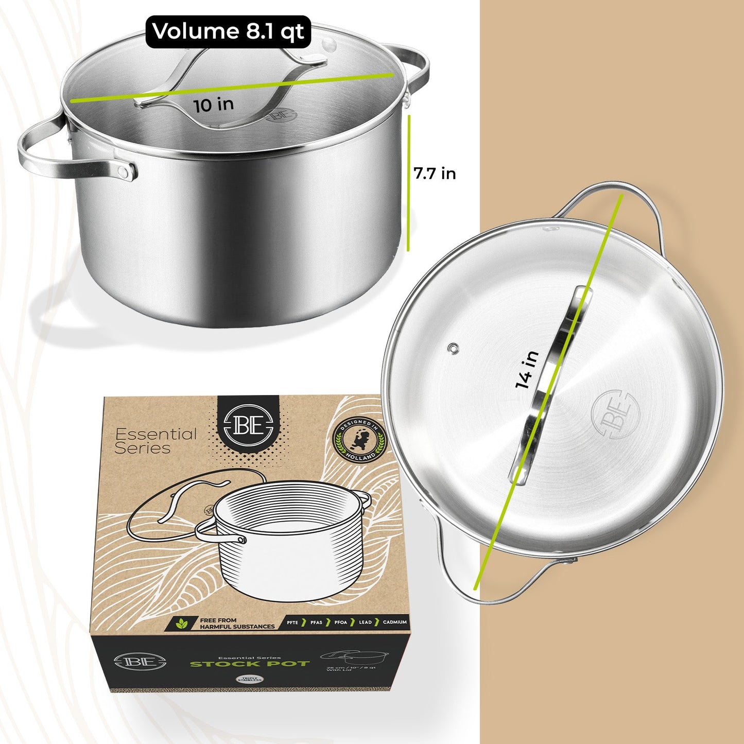 BE | LIVING - Essential Series - 8 qt / 26 cm Stock Pot with lid - Triply Stainless Steel