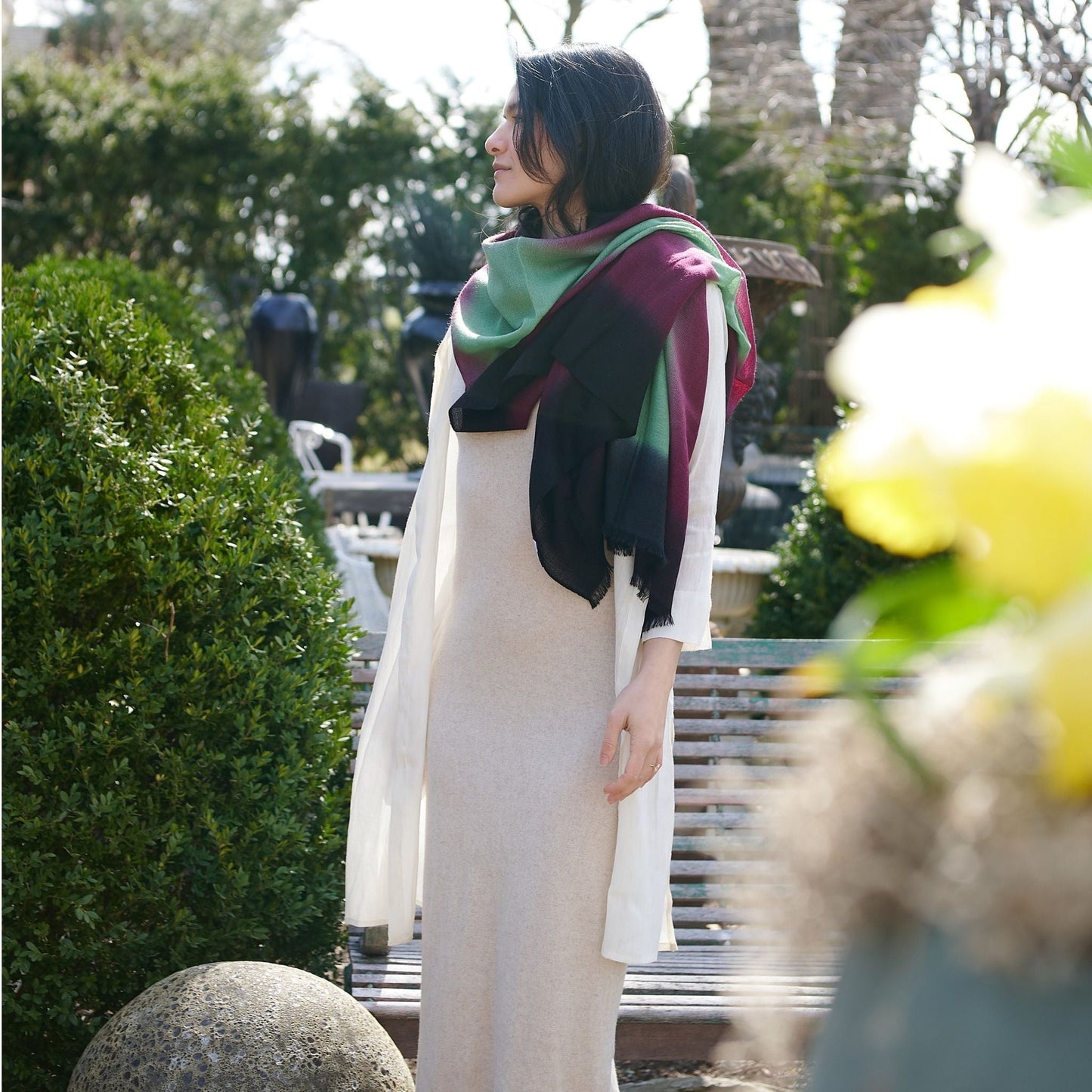 Iris Courtyard Green Purple Hand Woven Cashmere Merino Scarf