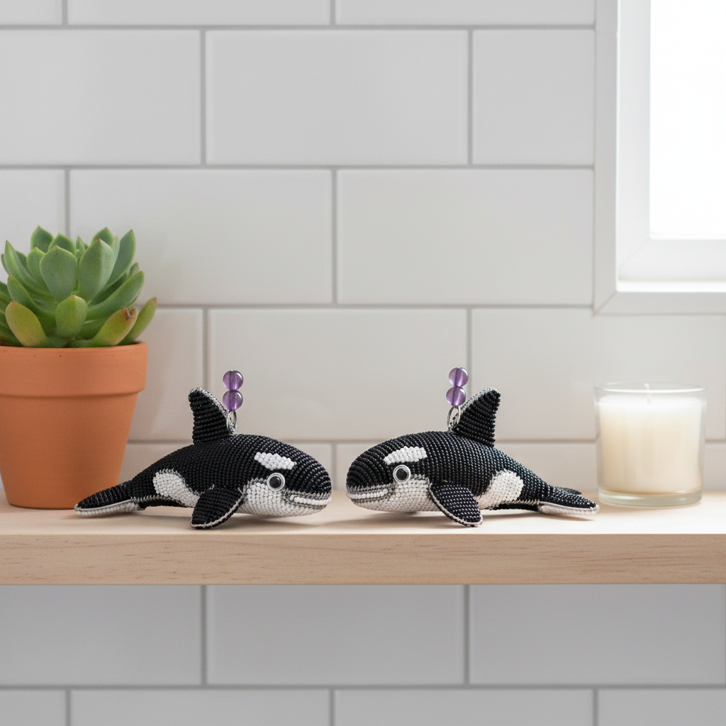 Orca Baby Beaded Figurine – Set of 2 | Handcrafted Glass & Acrylic Bead Sculpture