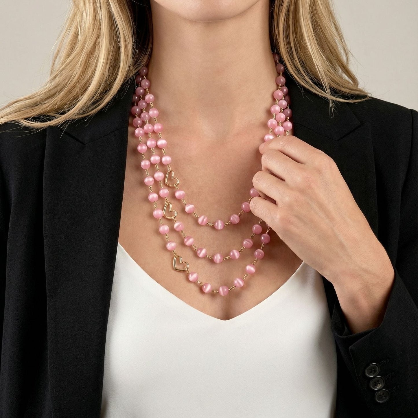 Rosado Pink Glass 3-Layer Socialite Necklace | Magnetic Clasp