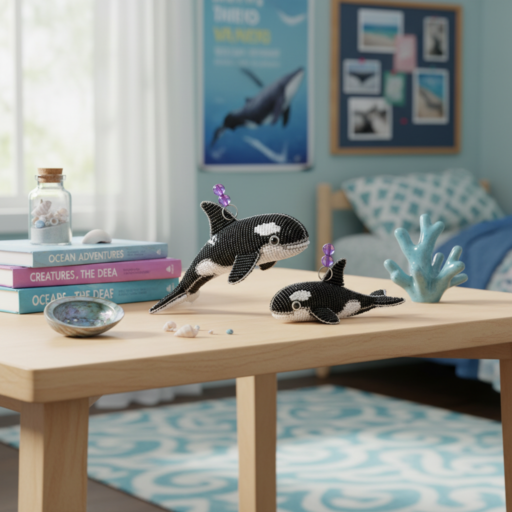 Orca Baby Beaded Figurine – Set of 2 | Handcrafted Glass & Acrylic Bead Sculpture