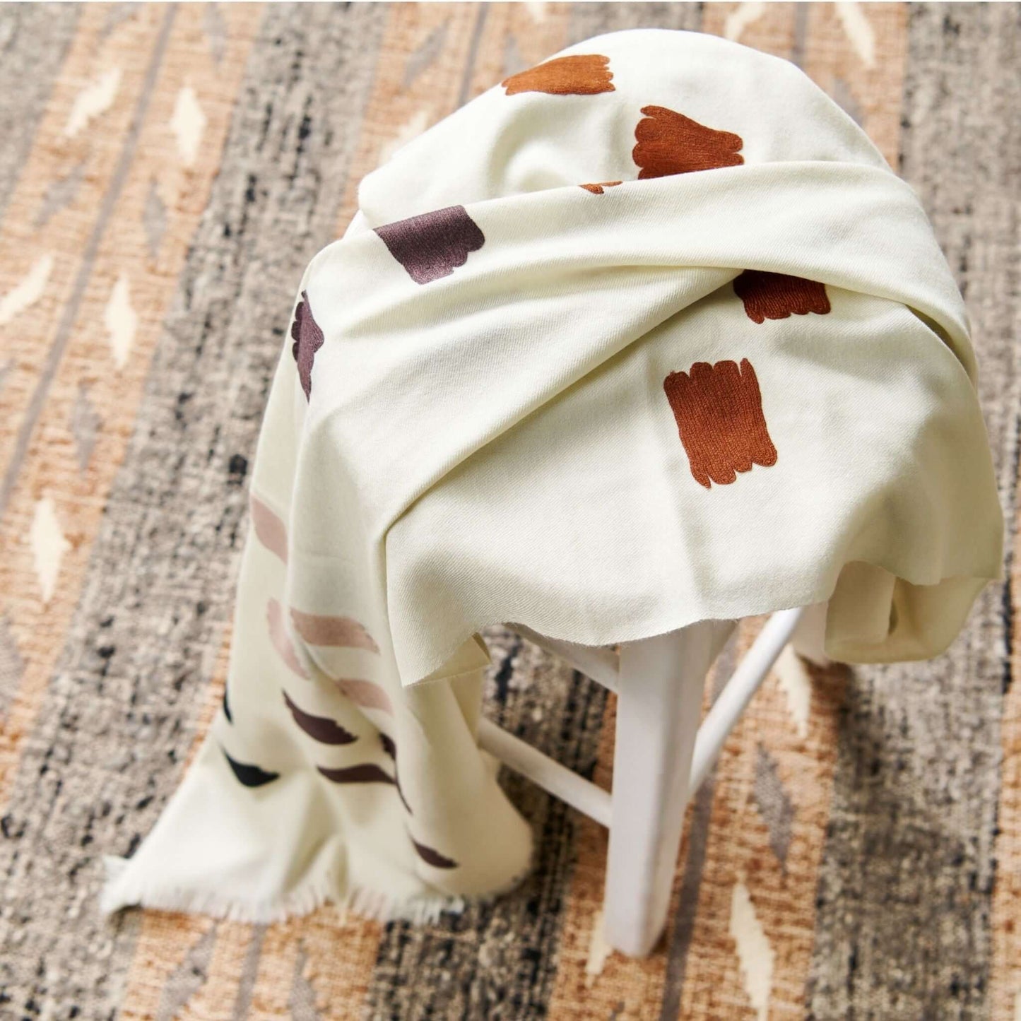 Off White Dahlia Hand Embroidered Hand Woven Modern Artisanal Scarf