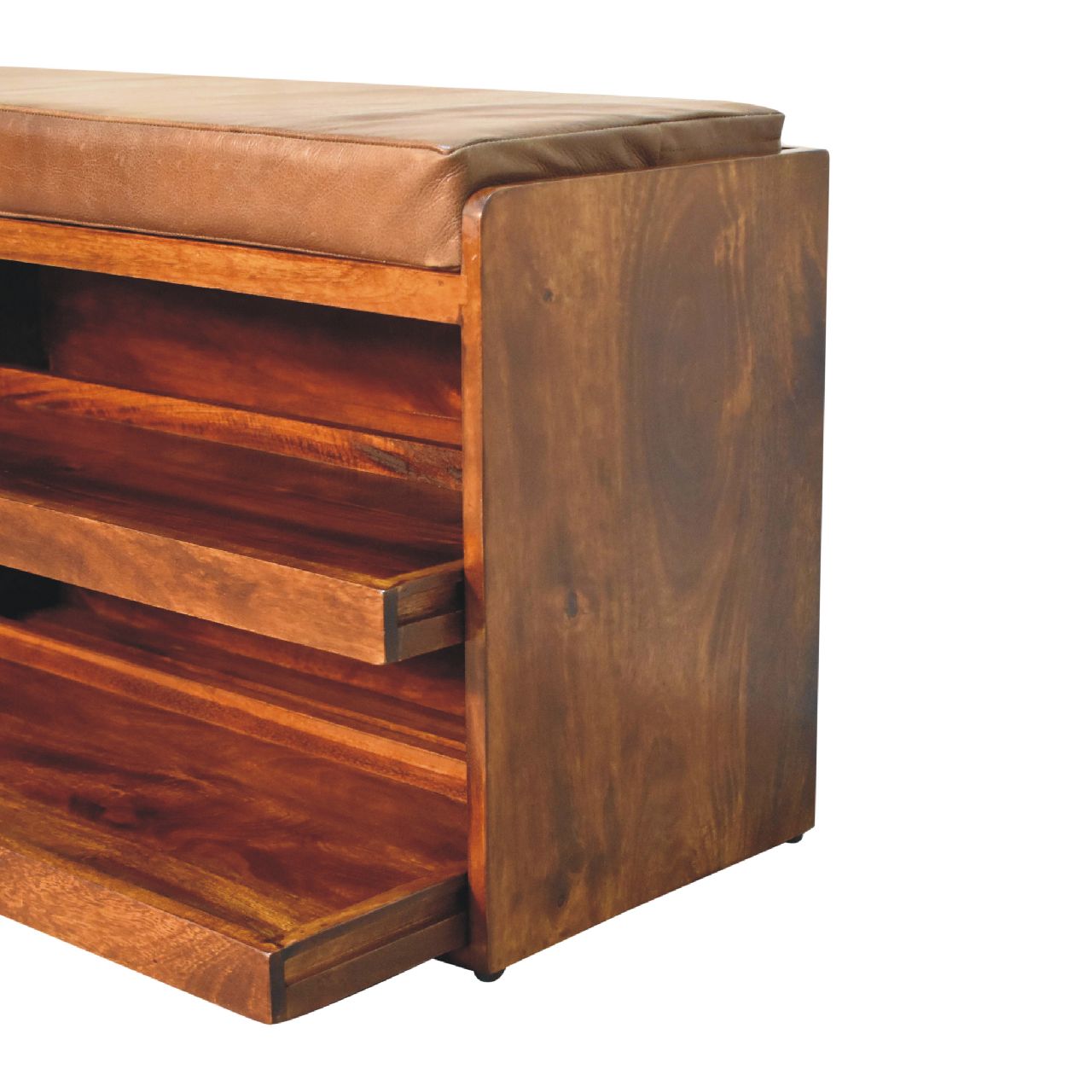 Solid Wood Buffalo Hide Pull-Out Chestnut Shoe Storage Bench