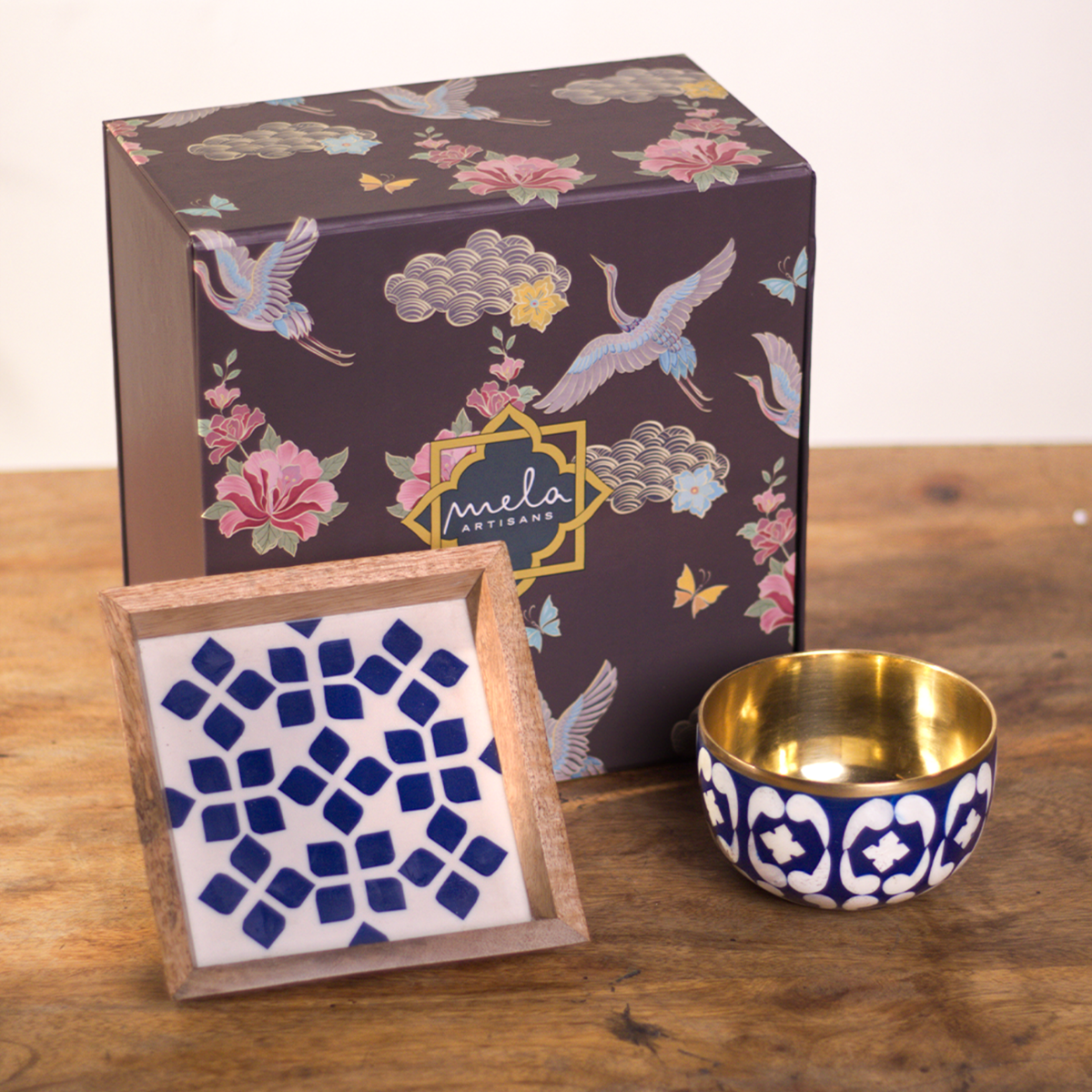 S/2 Lattice Blue Trinket Bowl & Tray Gift Box Set