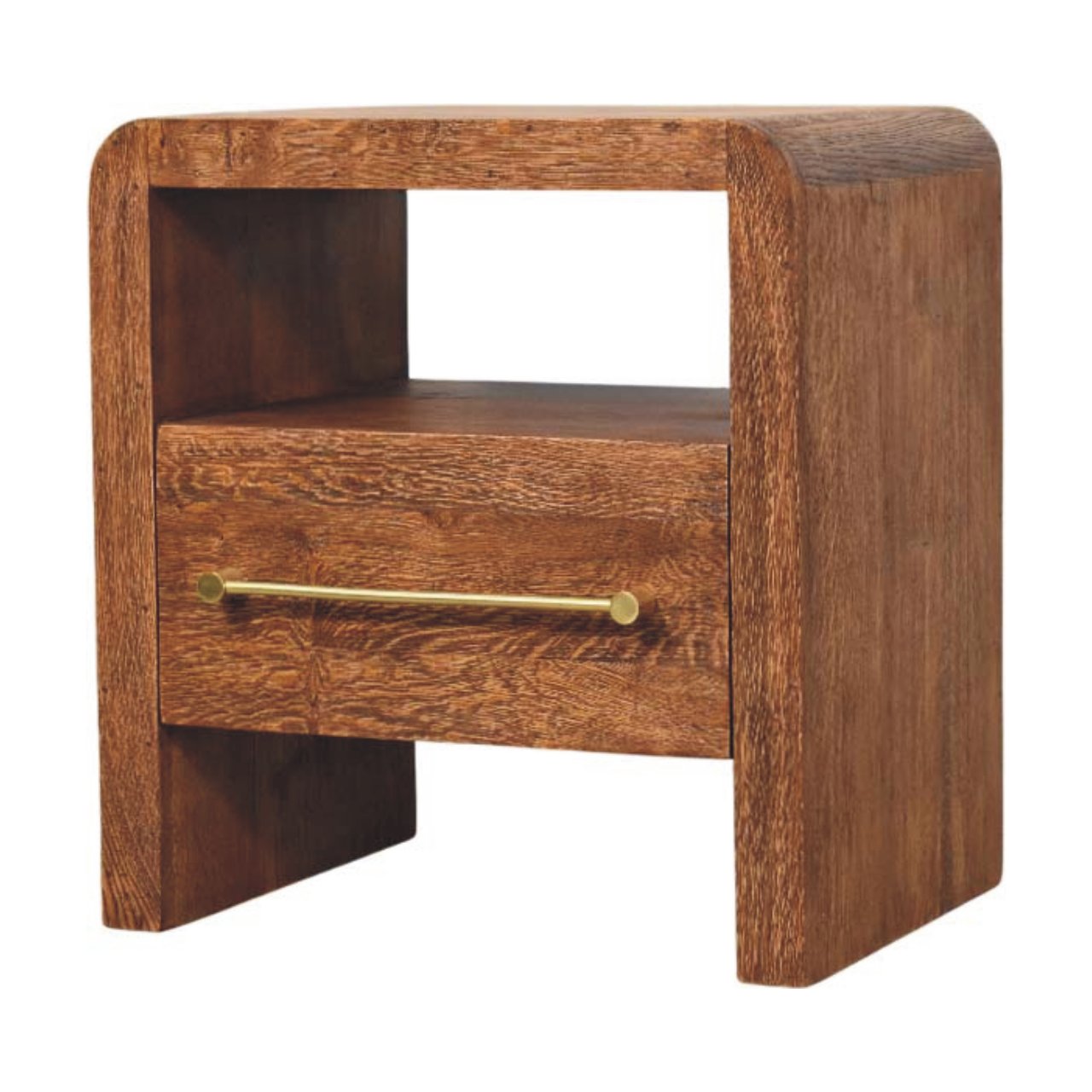 Solid Wood Curved Edge Bedside,Brown,1-Drawer,1-Shelf