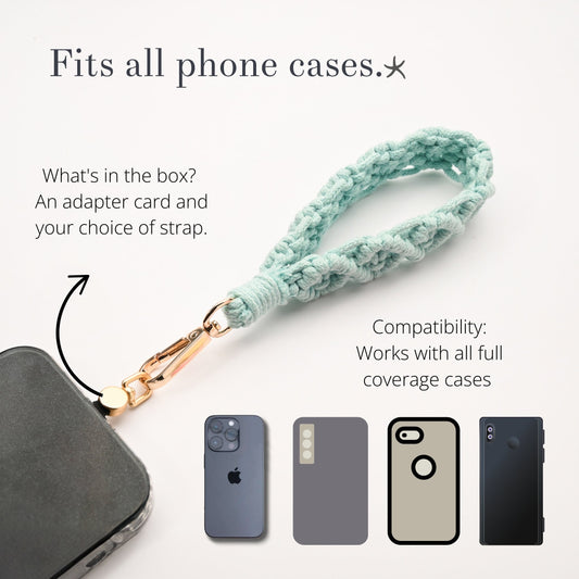 Fresh Mint macramé wrist strap clipped to a phone with case compatibility text