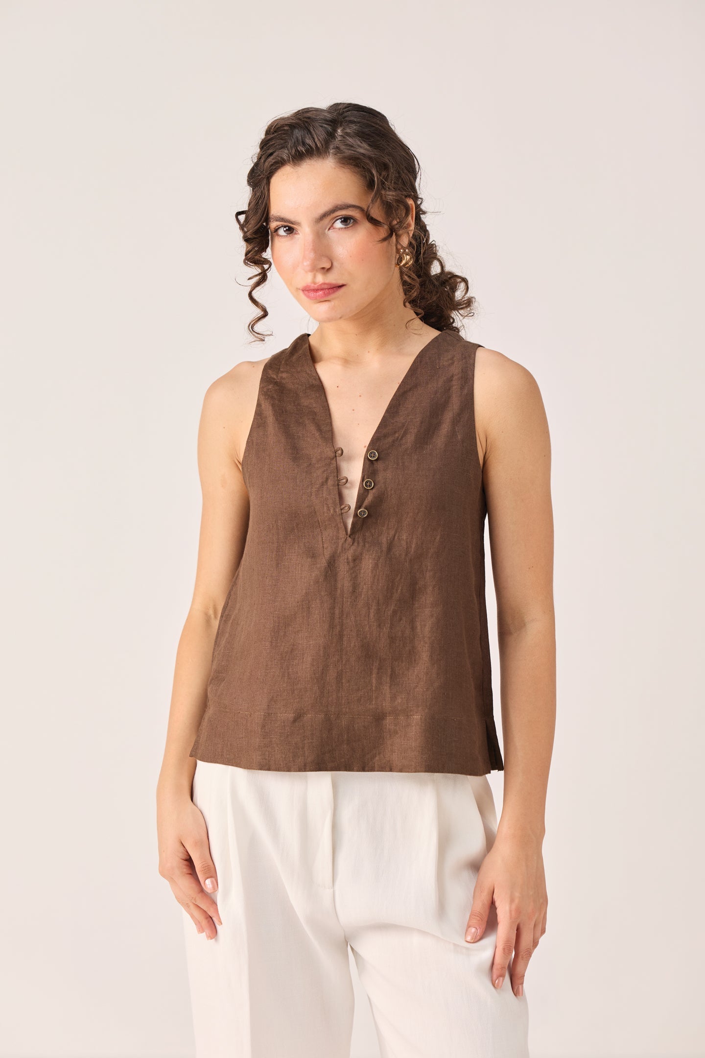 The Button Neck Top in Brown