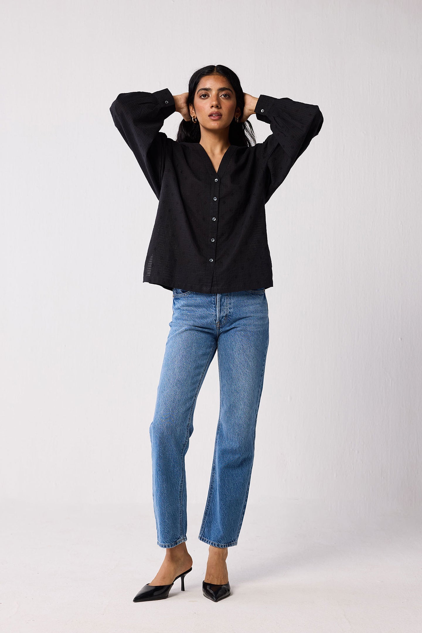 Embroidered Shirt with Long Balloon Sleeves in Black