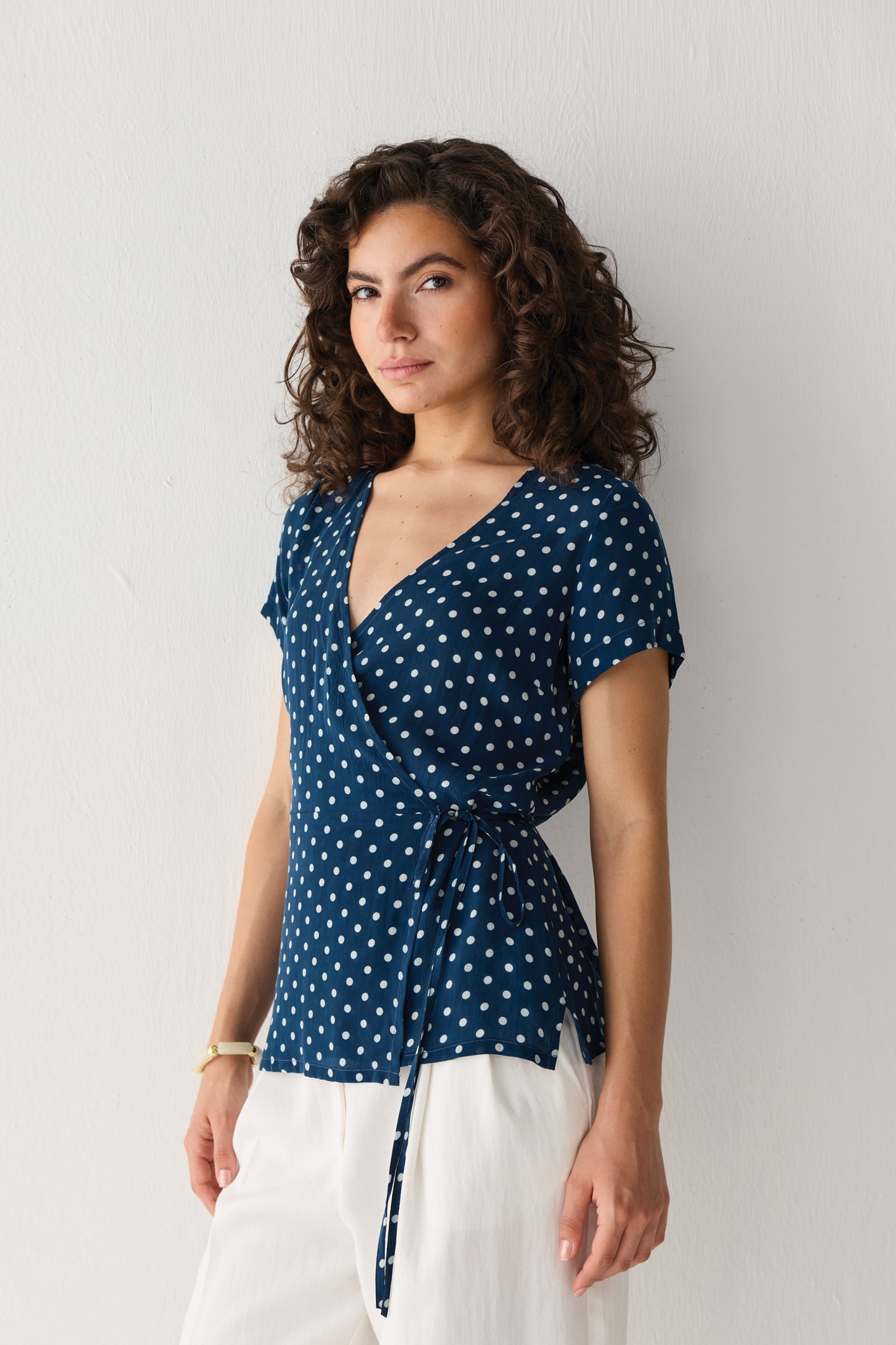 Wrap-Around Top in Navy Blue Polka