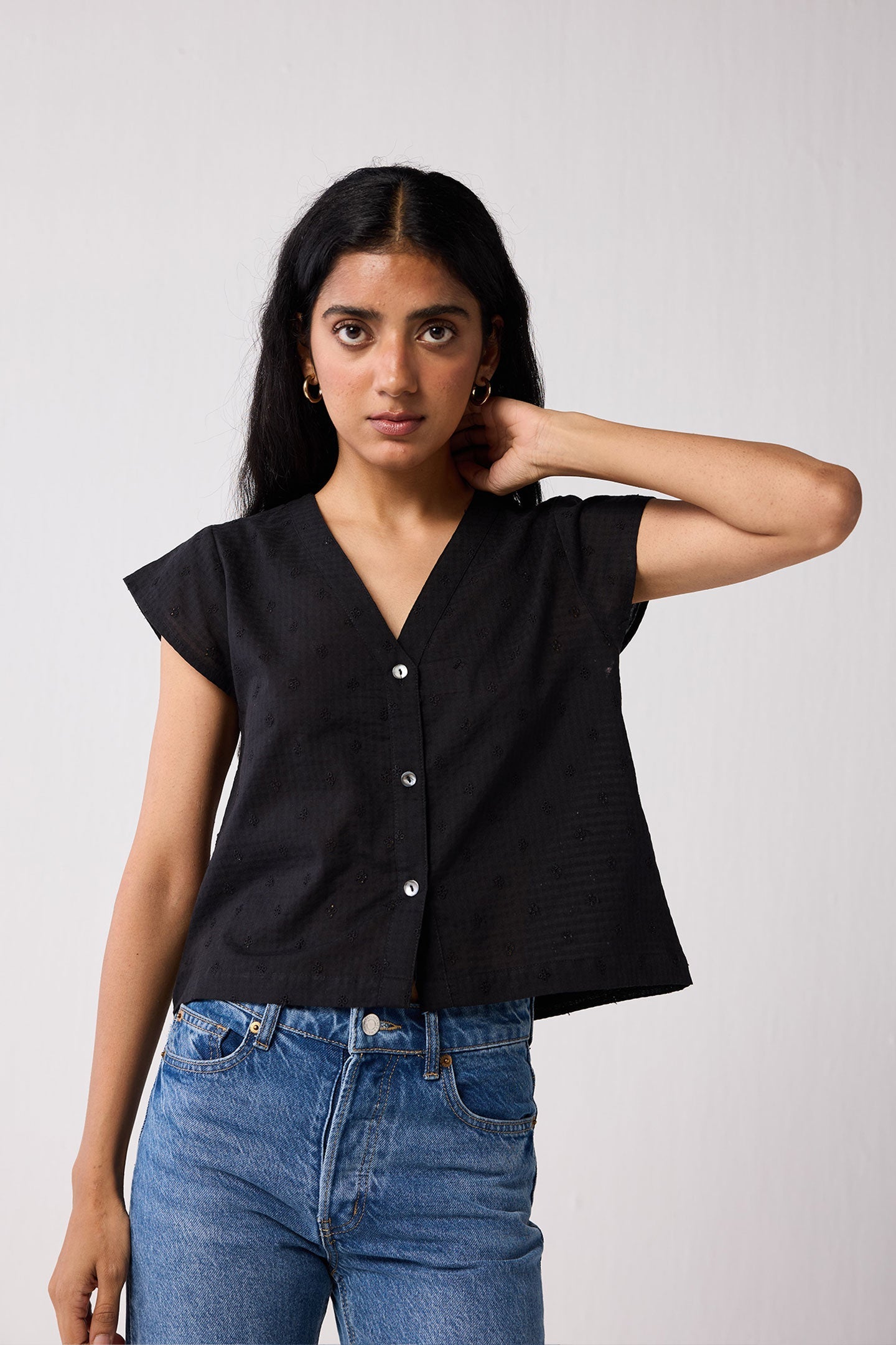 V-Neck Embroidered Top with Front Buttons in Black