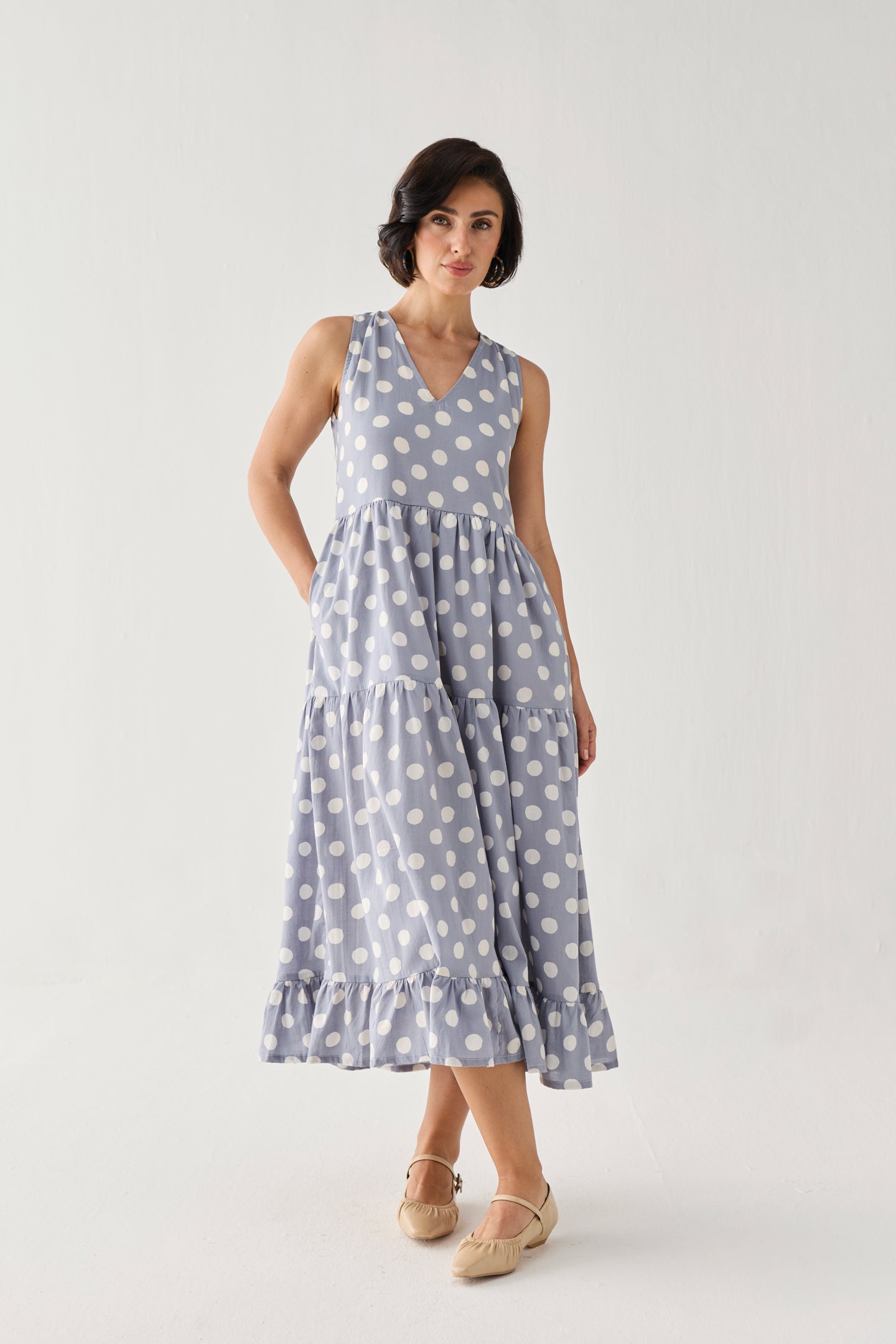 Tiered Midi Dress in Blue Polka