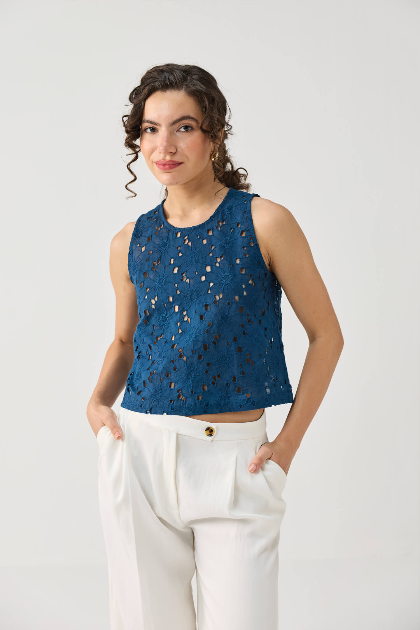 The Embroidered Button Back Top in Blue