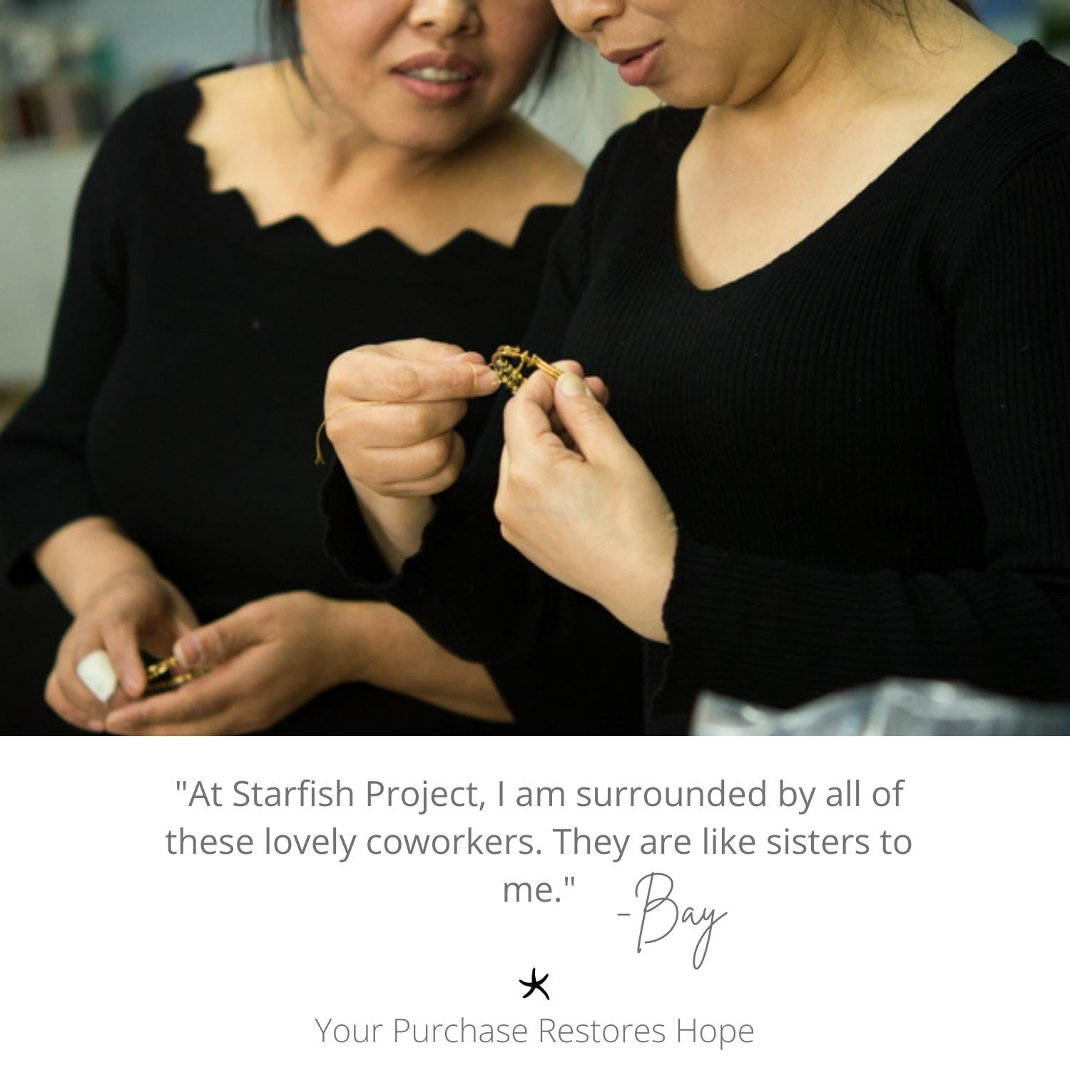 Photo of women making beautiful handcrafted jewelry, Starfish Project, sustainable fair trade jewelry, symbolism for hope, women's artisan jewelry