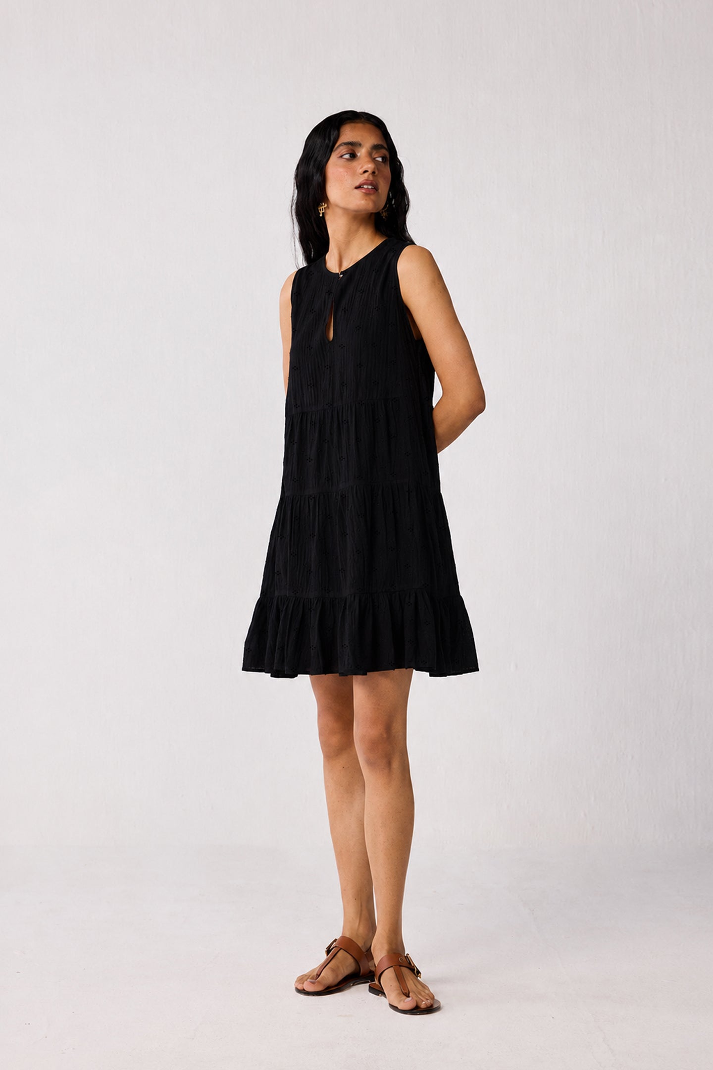 Embroidered Everyday Sleeveless Short Tiered Dress in Black