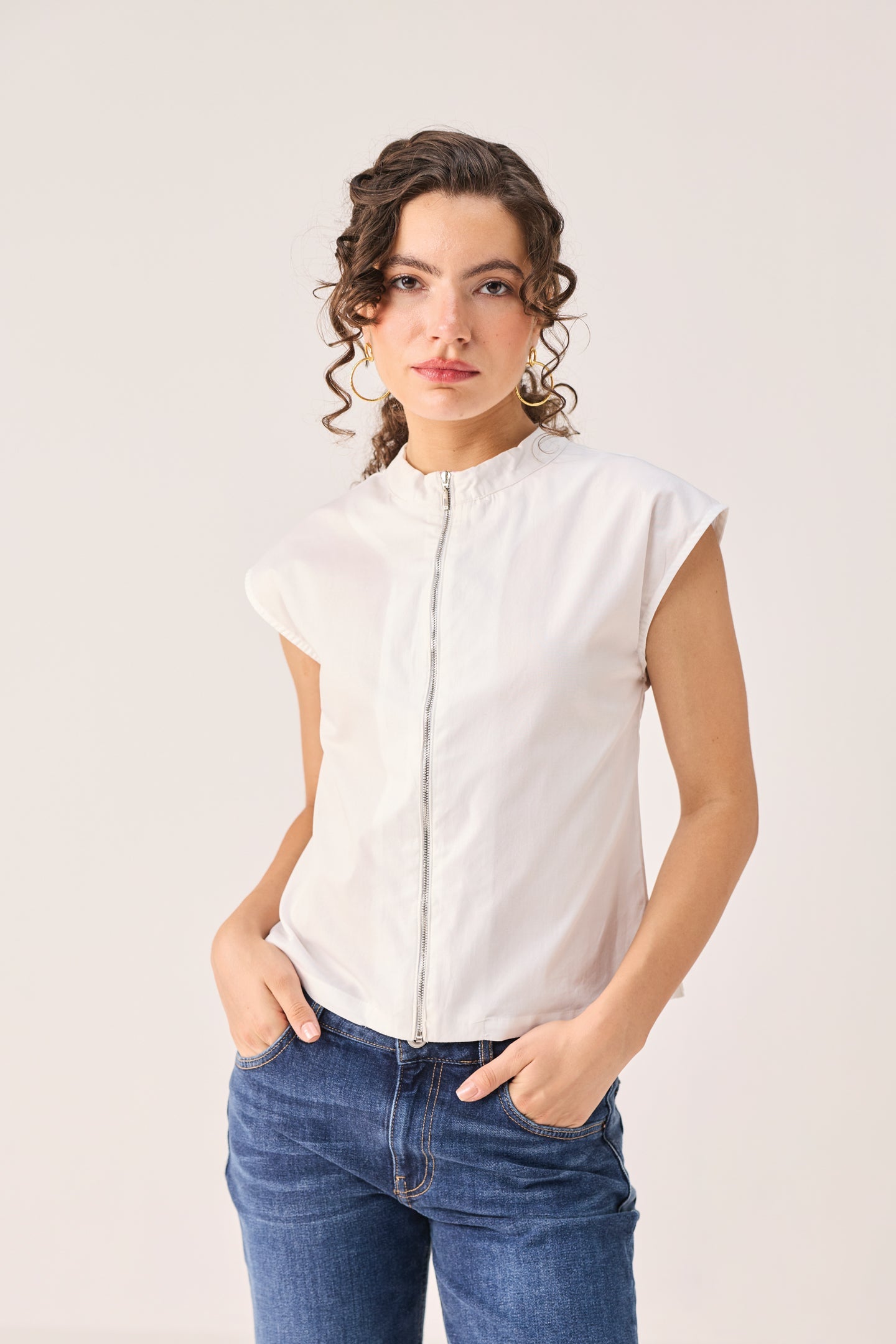 Front Zip Top in White