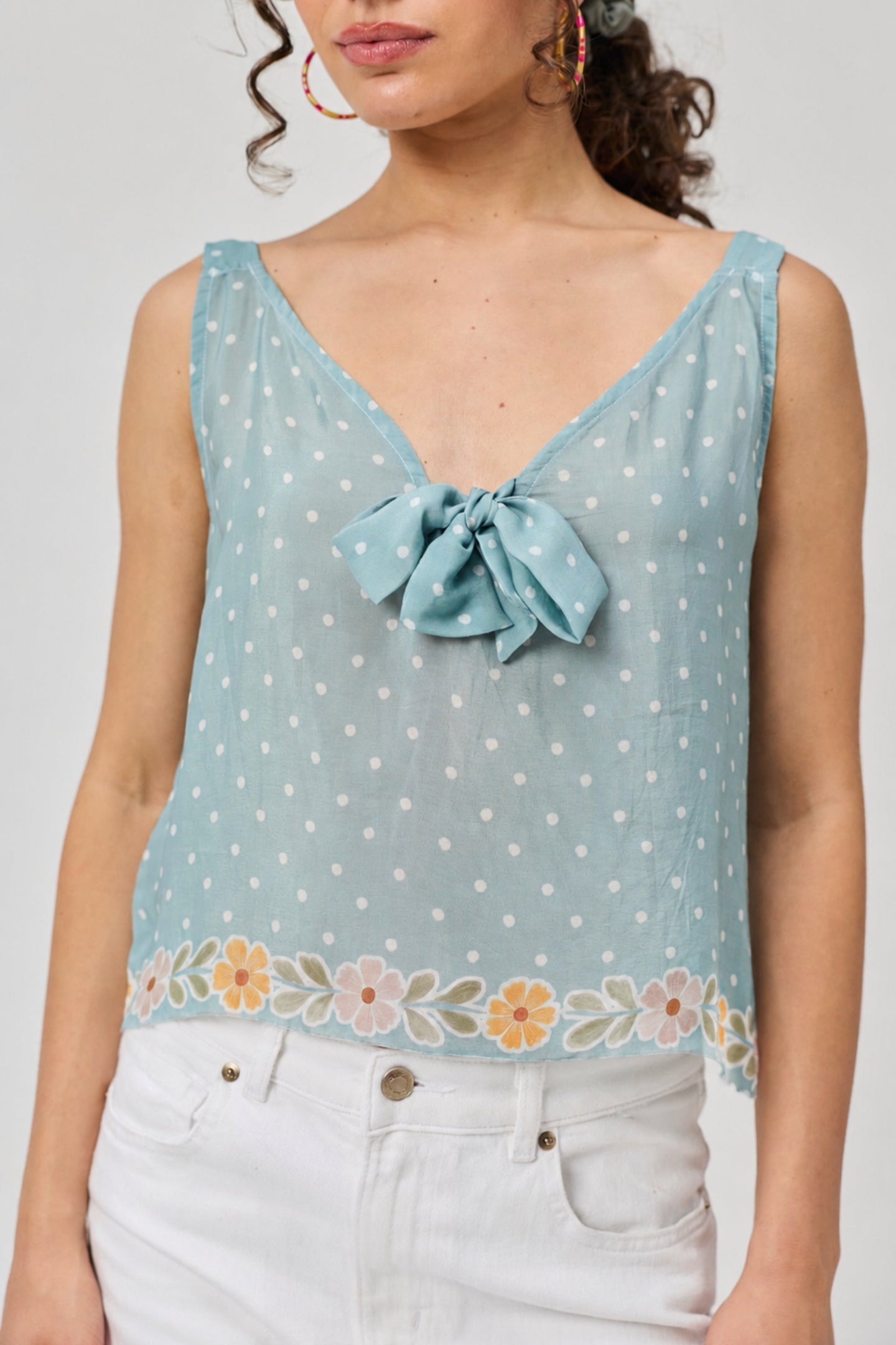 Deep V-Neck Polka Dot Top with Bow Detail