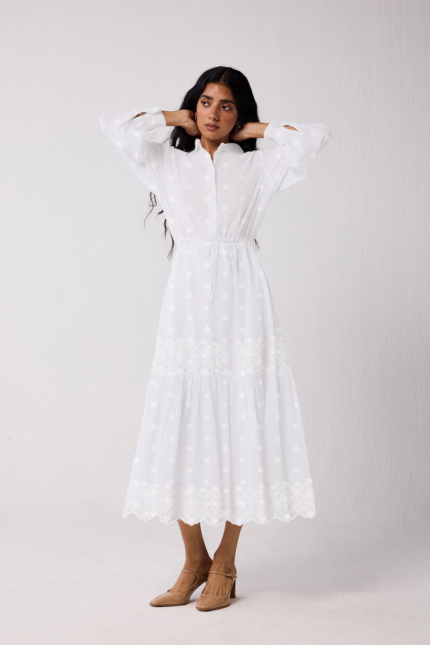 Embroidered Flowy Maxi Tiered Dress in White