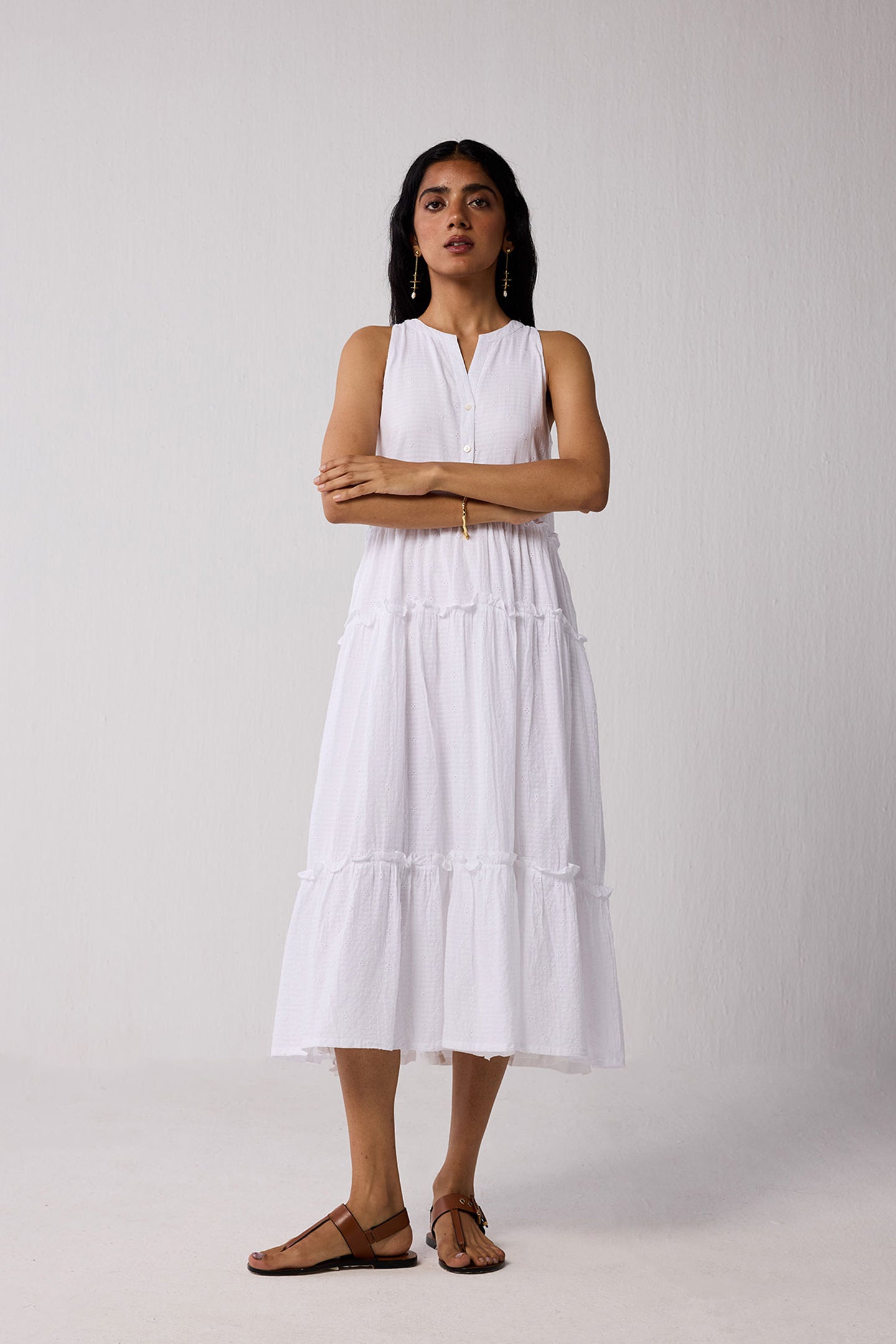 Embroidered Sleeveless Maxi Dress in White