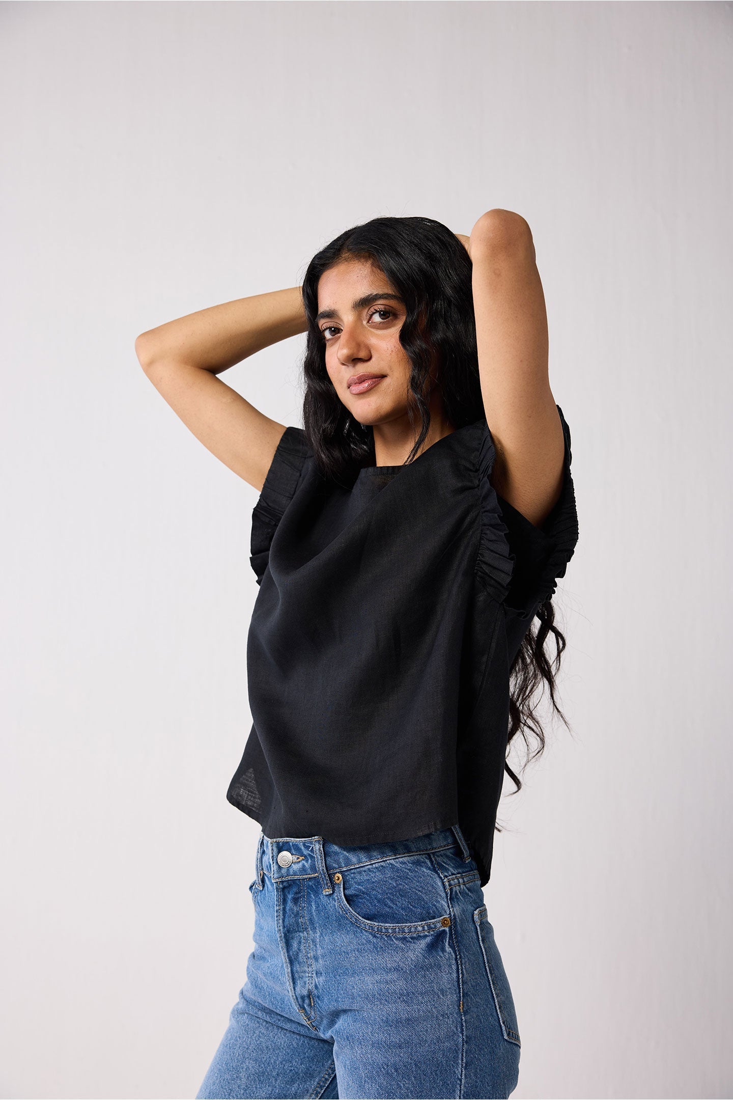 Hemp Top with Gathered Sleeve detail in Black