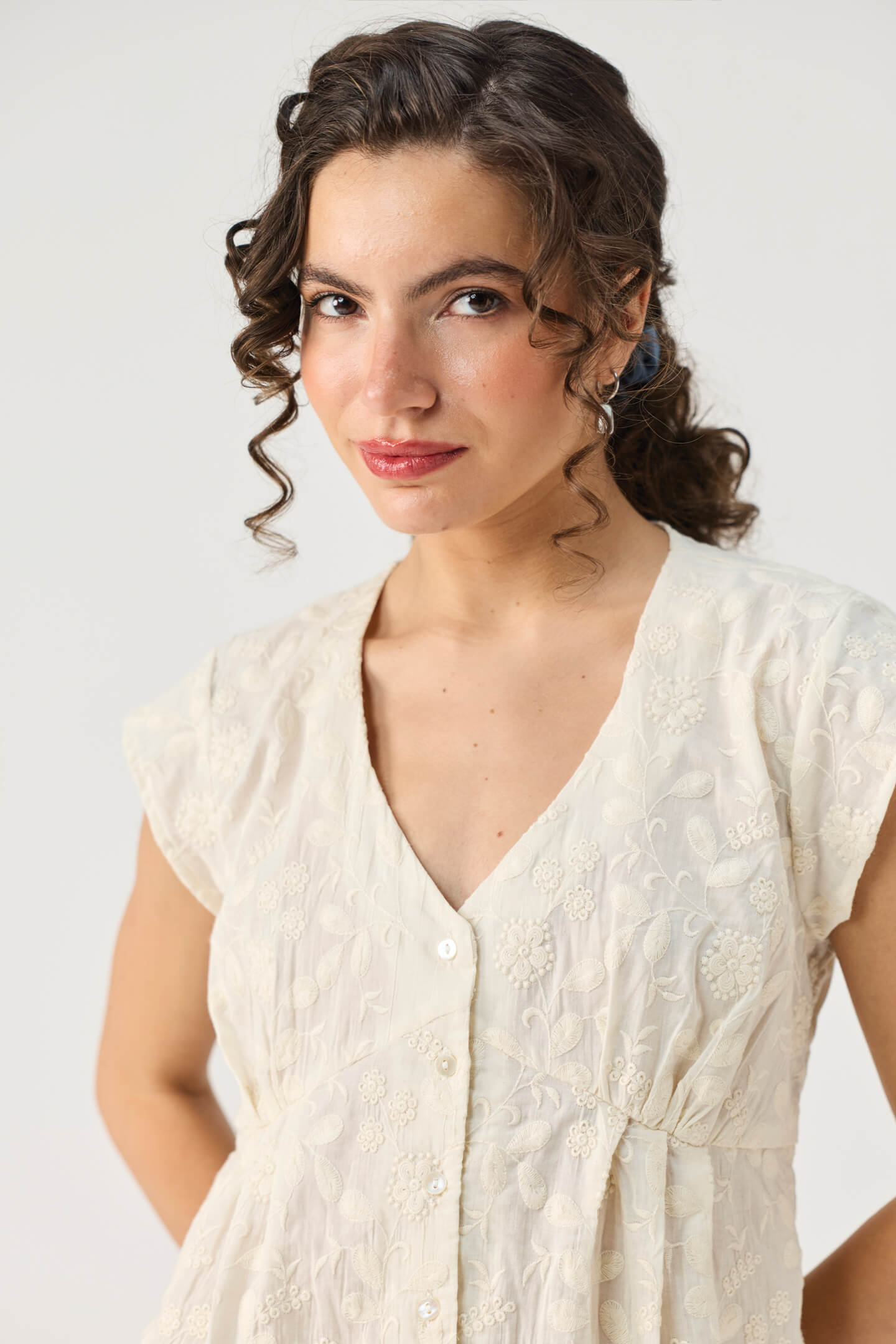 Embroidered Deep V Neck Top in Cream