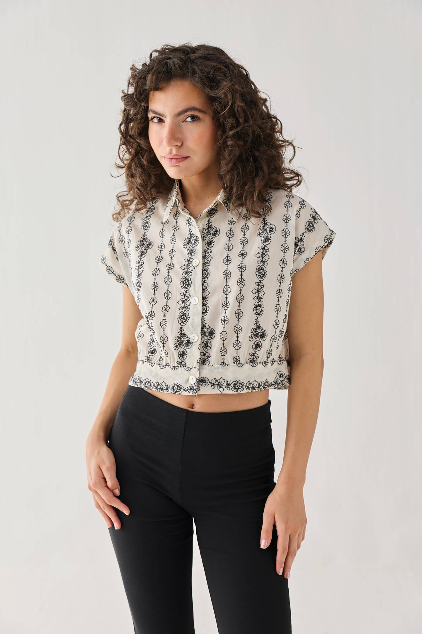 Oversized Crop Shirt with Floral Embroidery