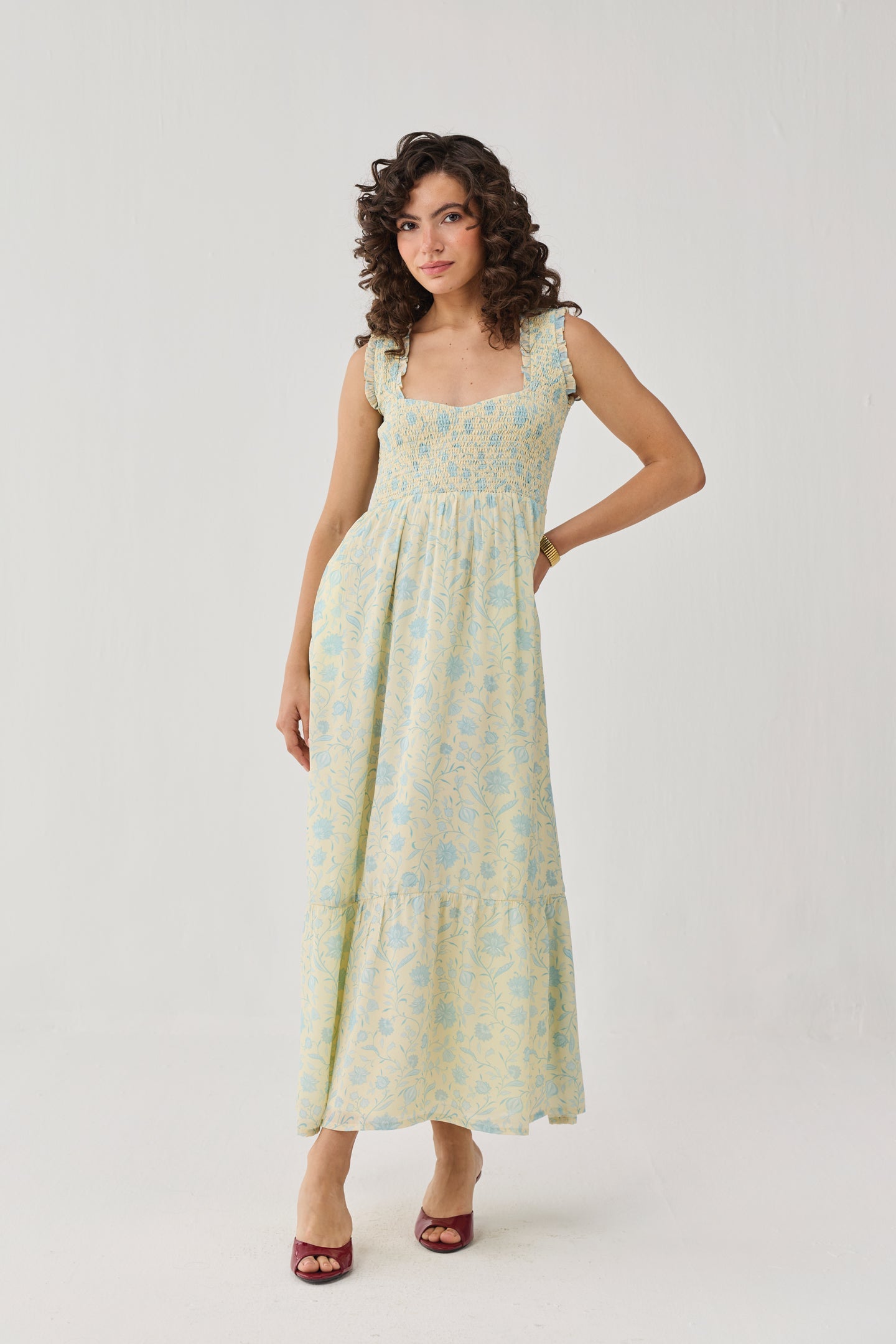 The Smocked Maxi Dress in Yellow Florals