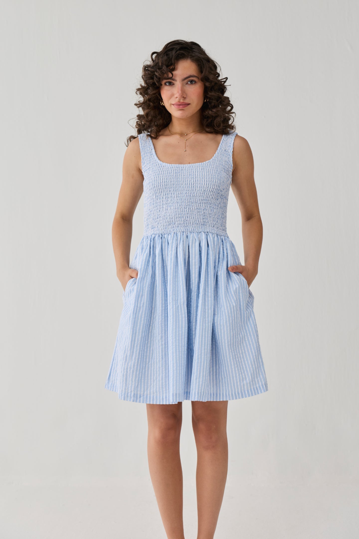 Smocked Short Dress in Blue Stripes