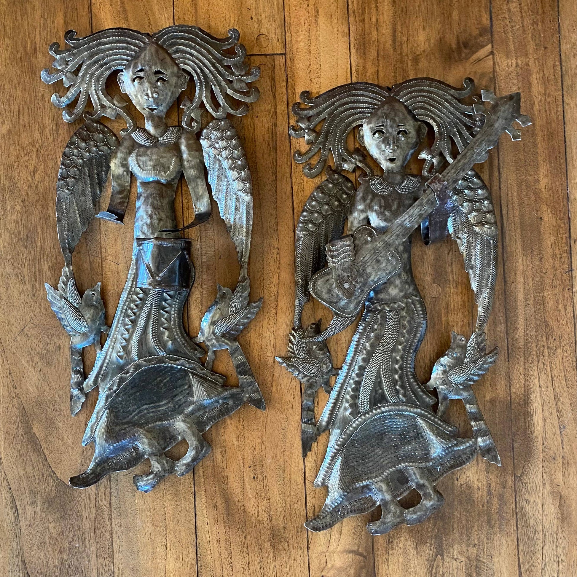 Angel with Guitar, Metal Wall Decor, Recycled, 15" x 28"