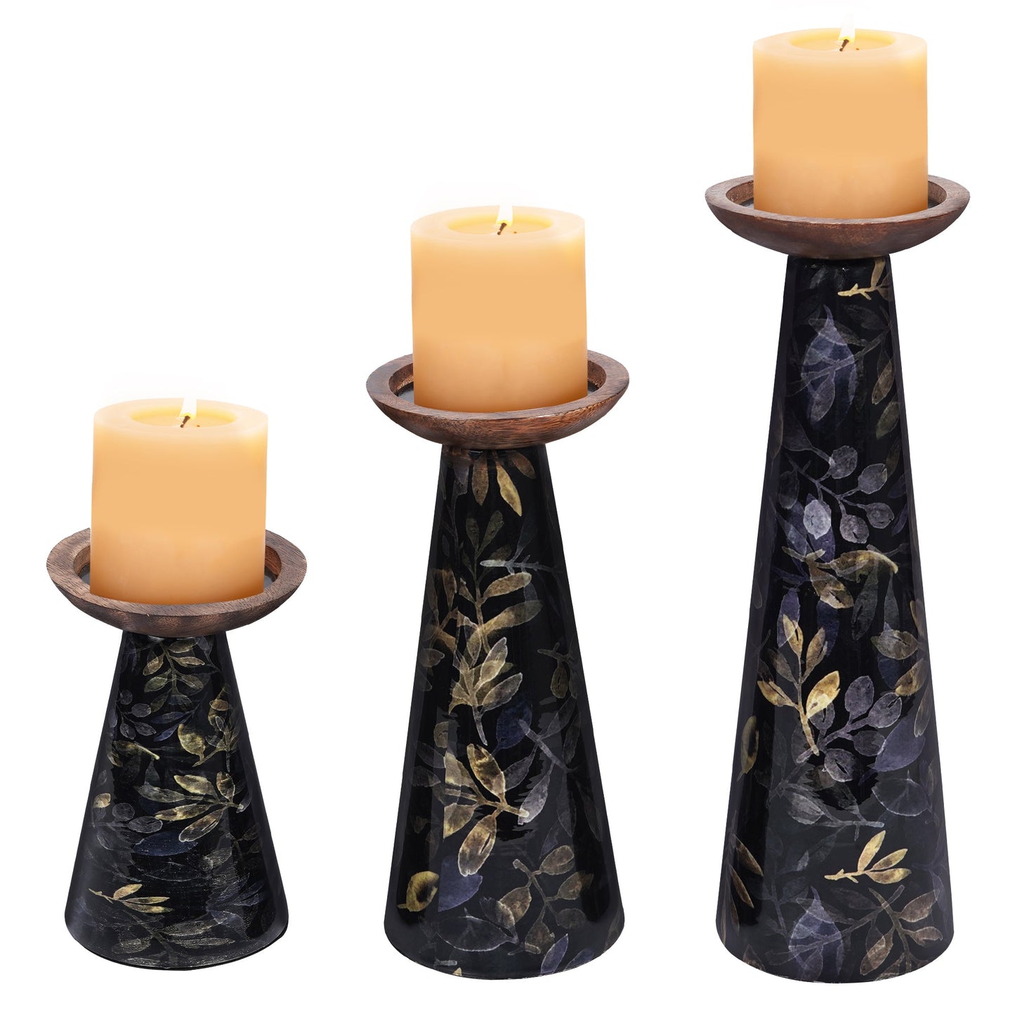 Moody Floral Mango Wood Pillar Candleholders – Black Set of 3