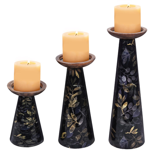 Moody Floral Mango Wood Pillar Candleholders – Black Set of 3