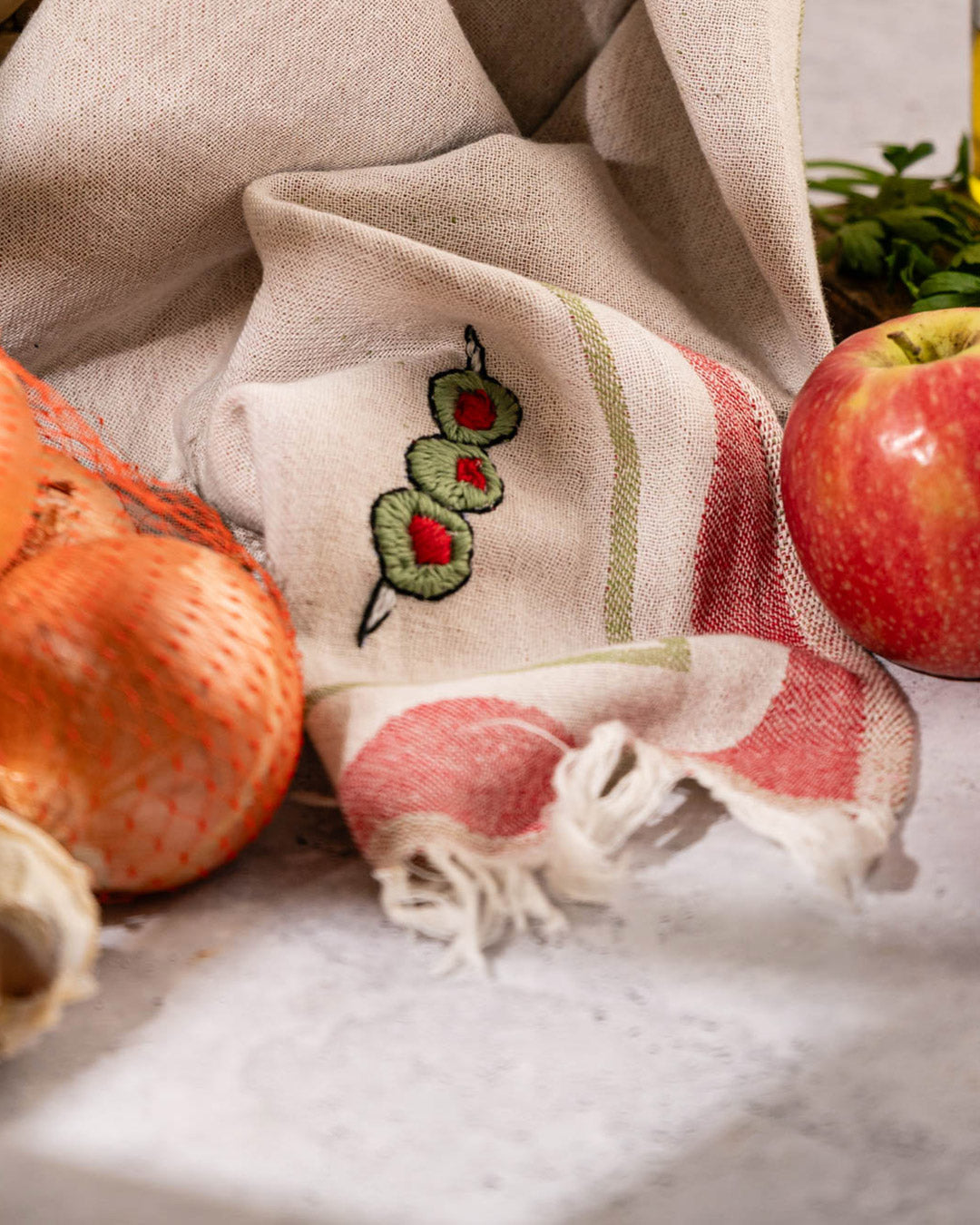 Olive Hand-Stitched Kitchen Towel Set