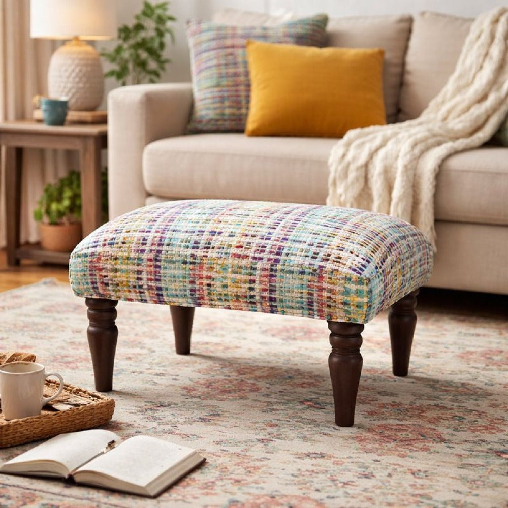 Handwoven Accent Footstool | 20.5x15.5x15 | Cotton Fabric