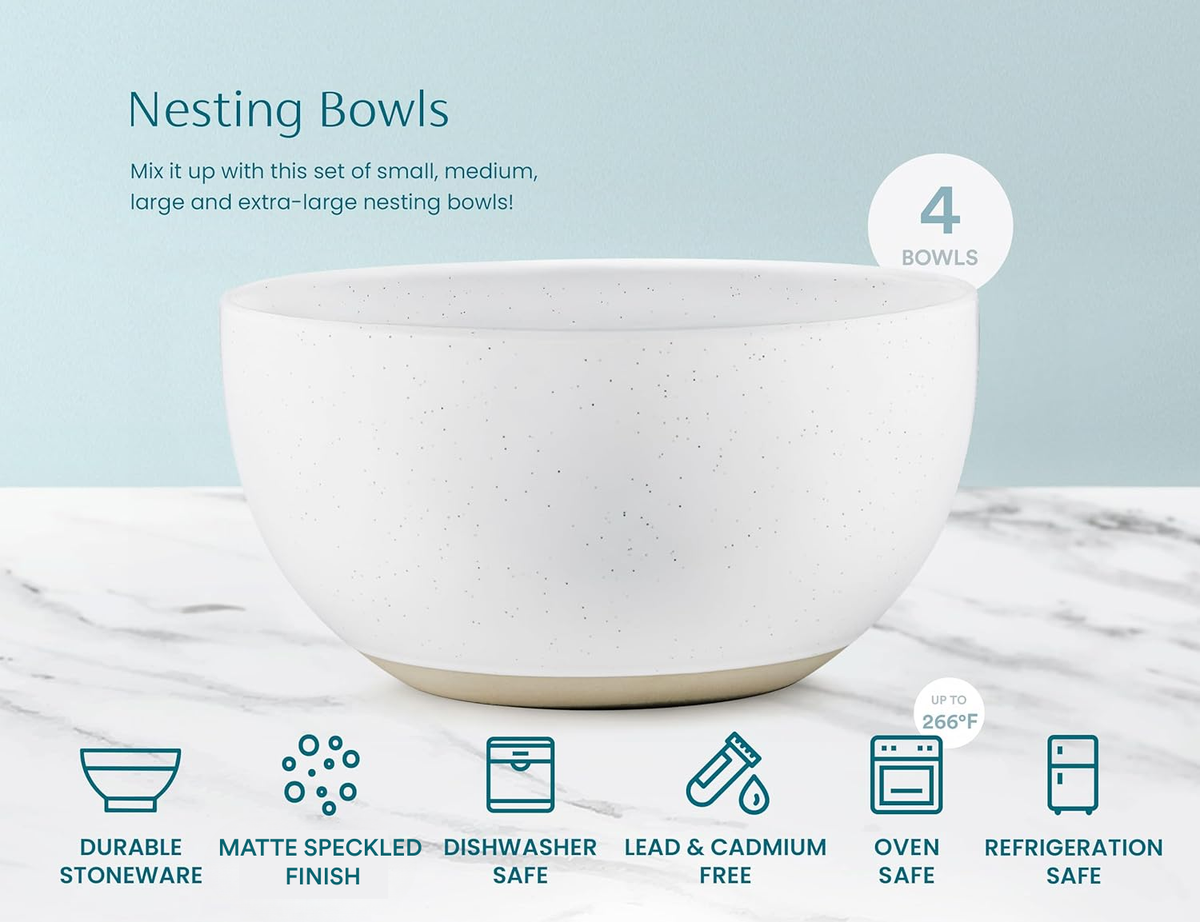 Ceramic Nesting Bowls, 18/40/90/140 oz, Moonstone, Set of 4