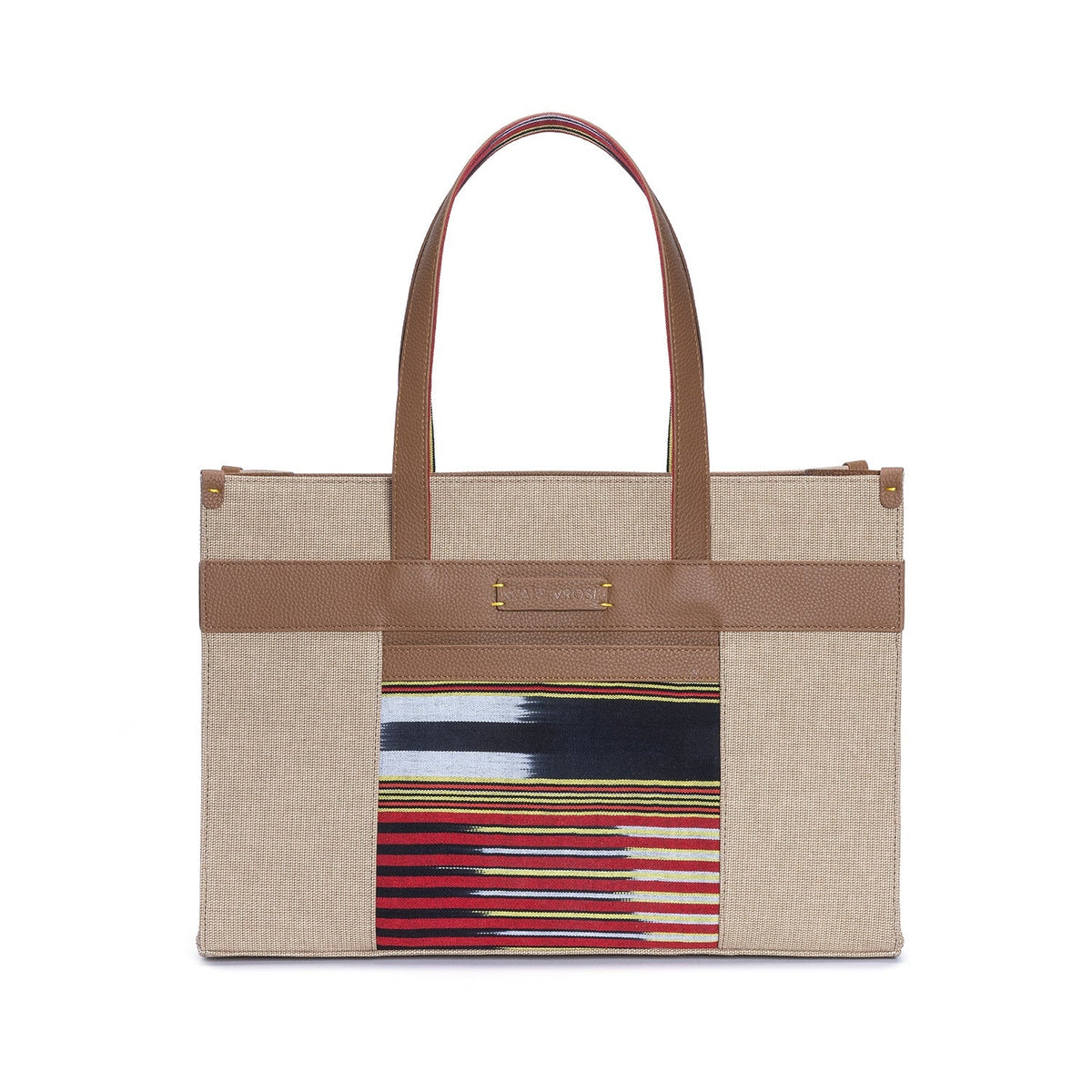 Tobacco Leather & Canvas Tote Bag with Pockets
