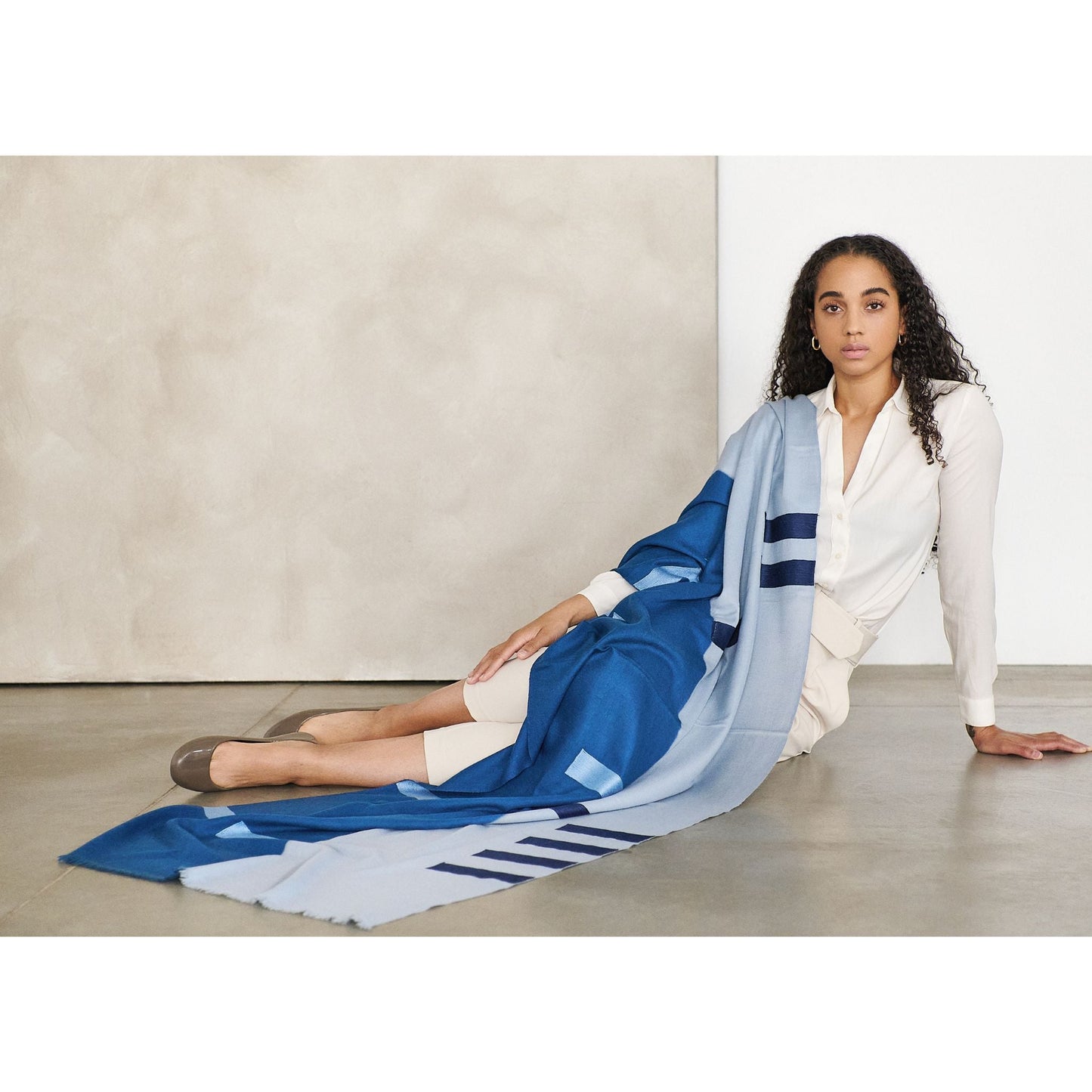 Harbor Blue Hand Embroidered Modern Artisanal Scarf