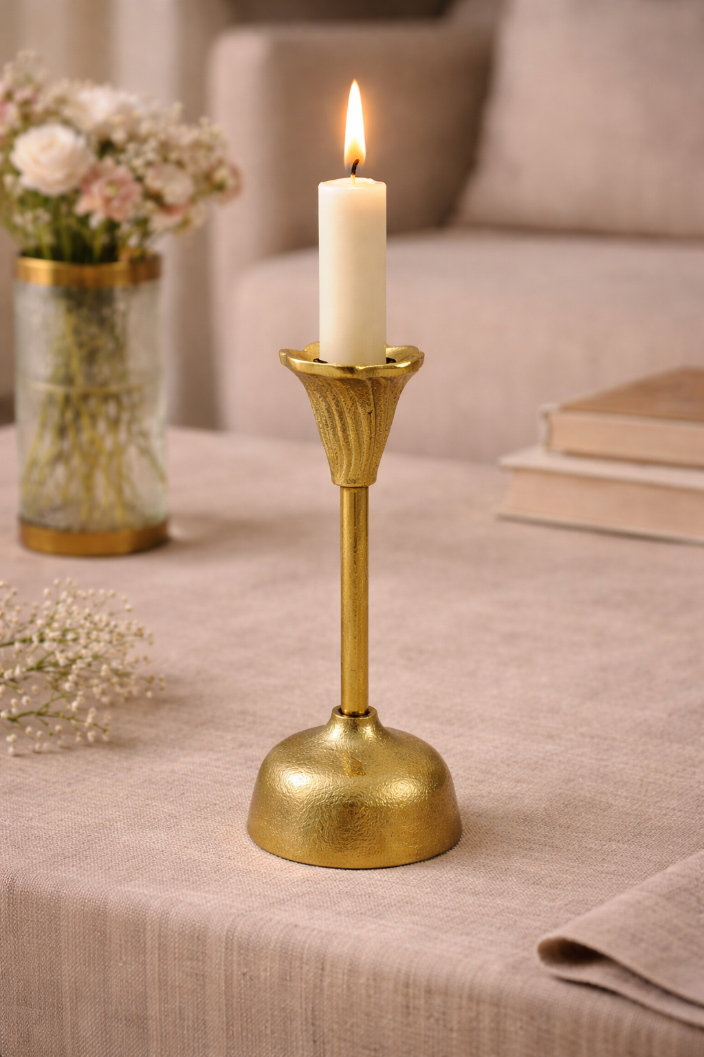 Bloom Candle Holder – Hand-Cast Gold Aluminium Fluted Taper Candle Stand
