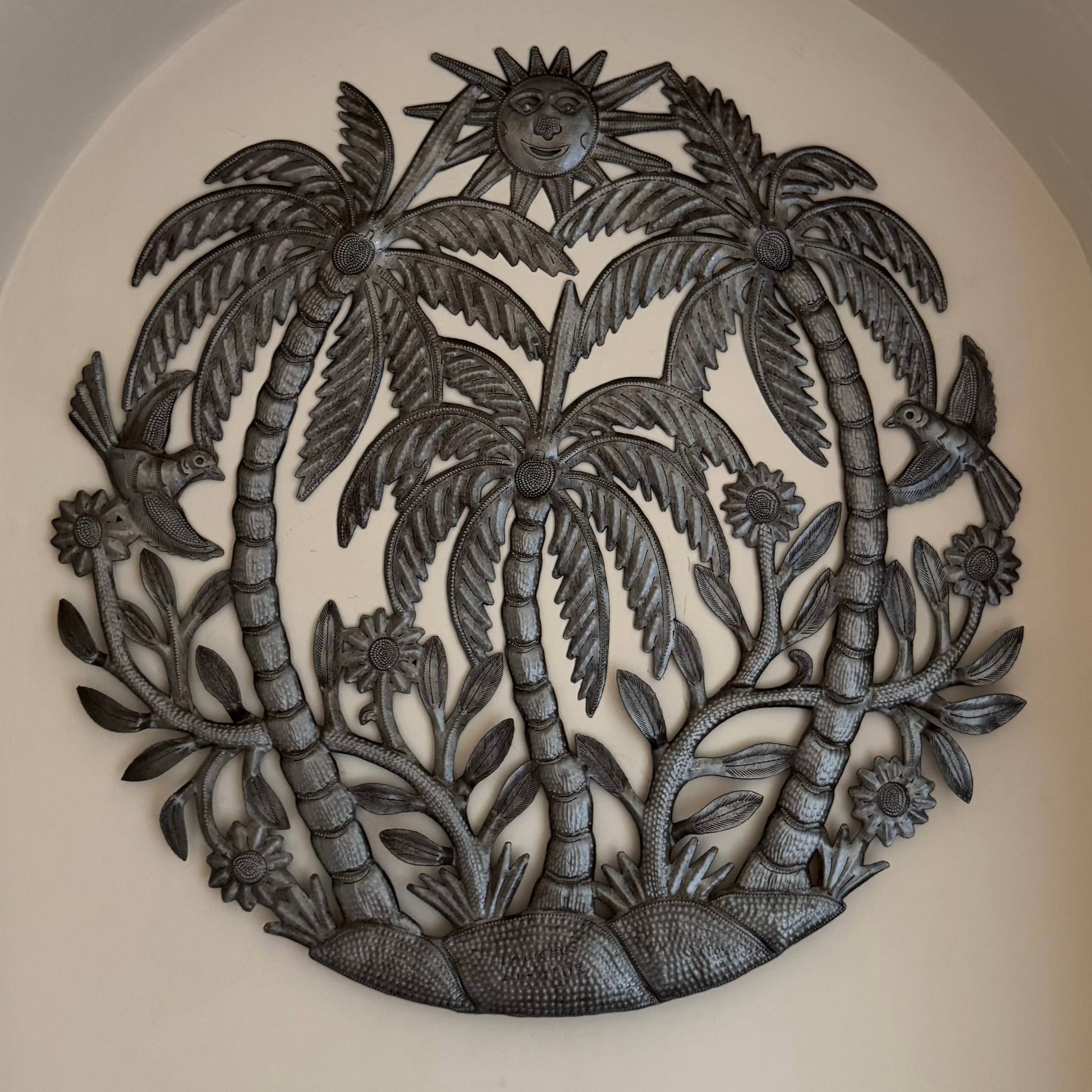 Haitian Metal Wall Art – Palms, Sun & Birds, Fair Trade 23"