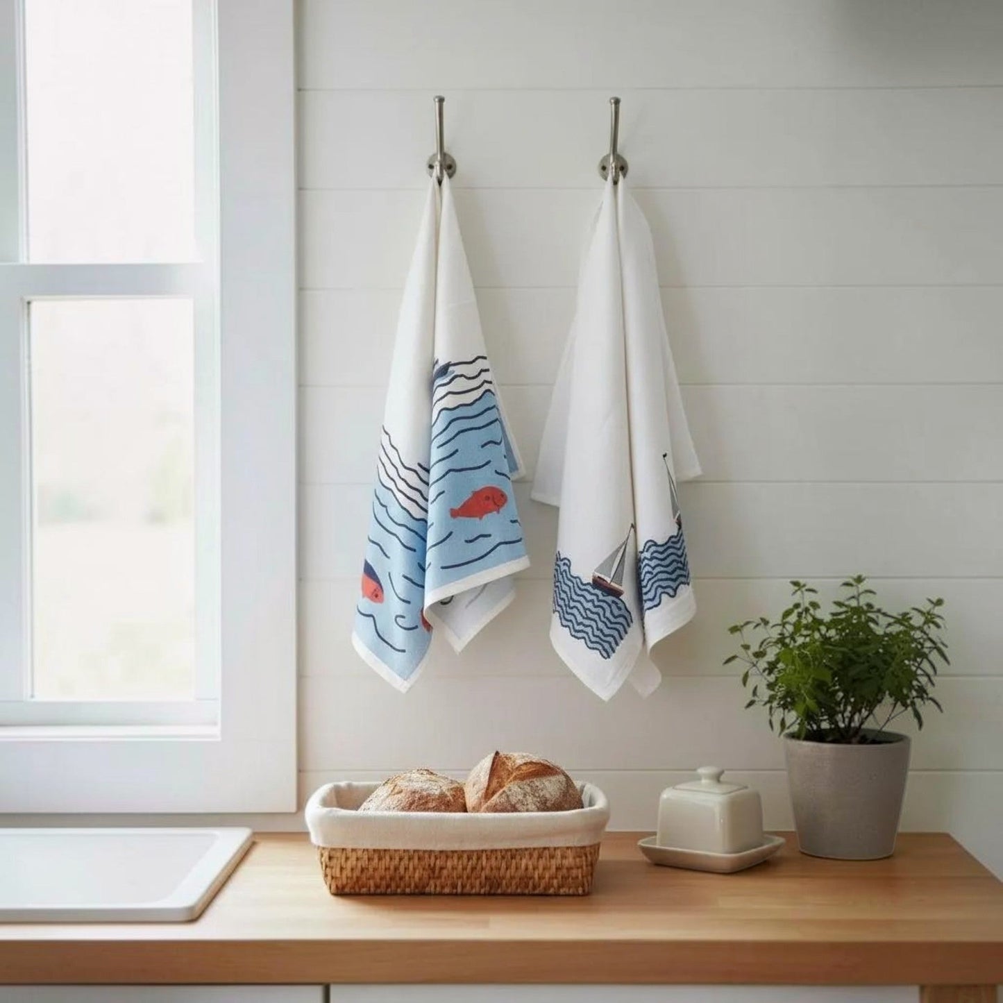 Coastal Sailboat Fish Tea Towels, American Made Cotton Flour Sack Kitchen Dish Towels, Set of Two