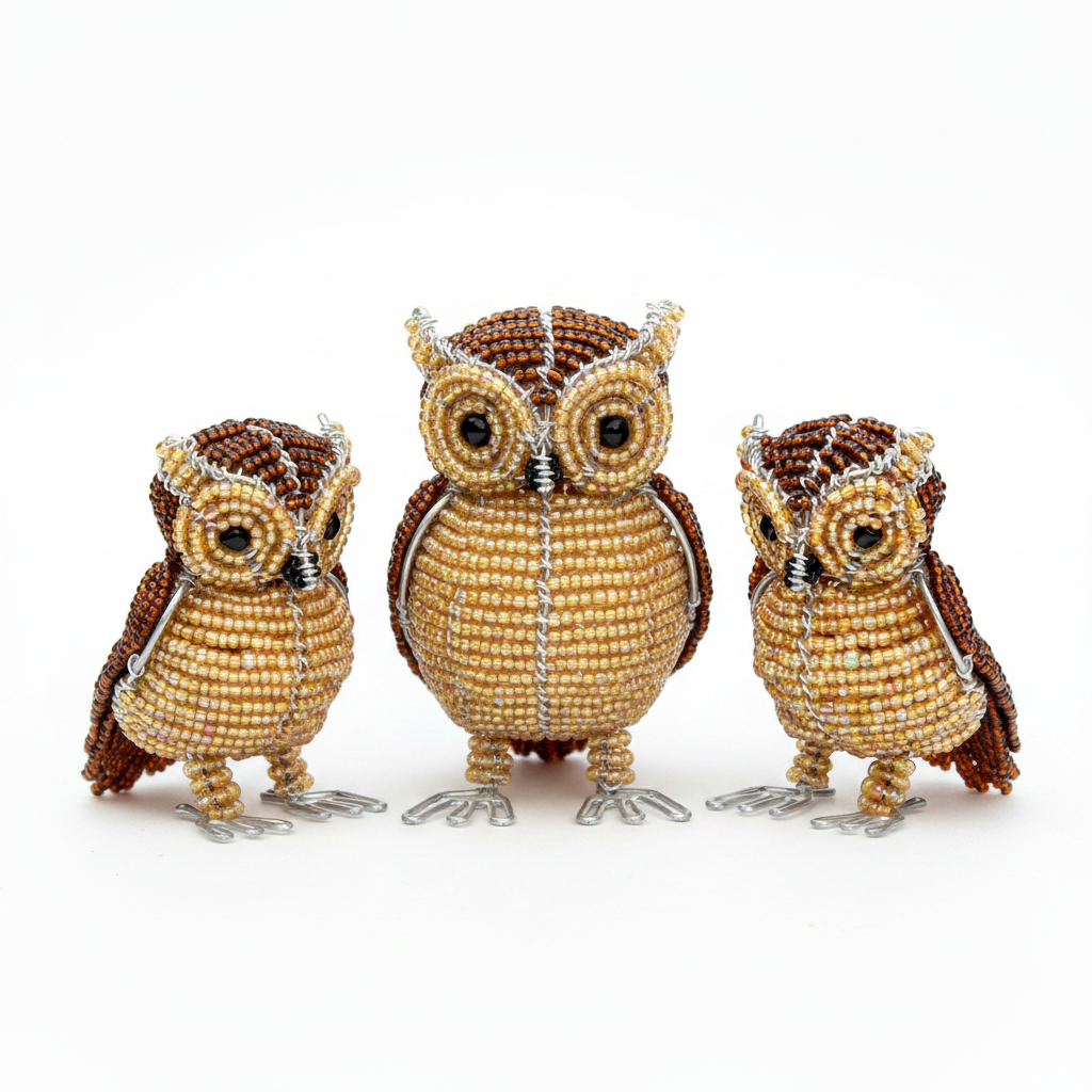 Handmade Beaded minimal Owl Figurine – Haitian Artisan Home Décor. (set of 3).