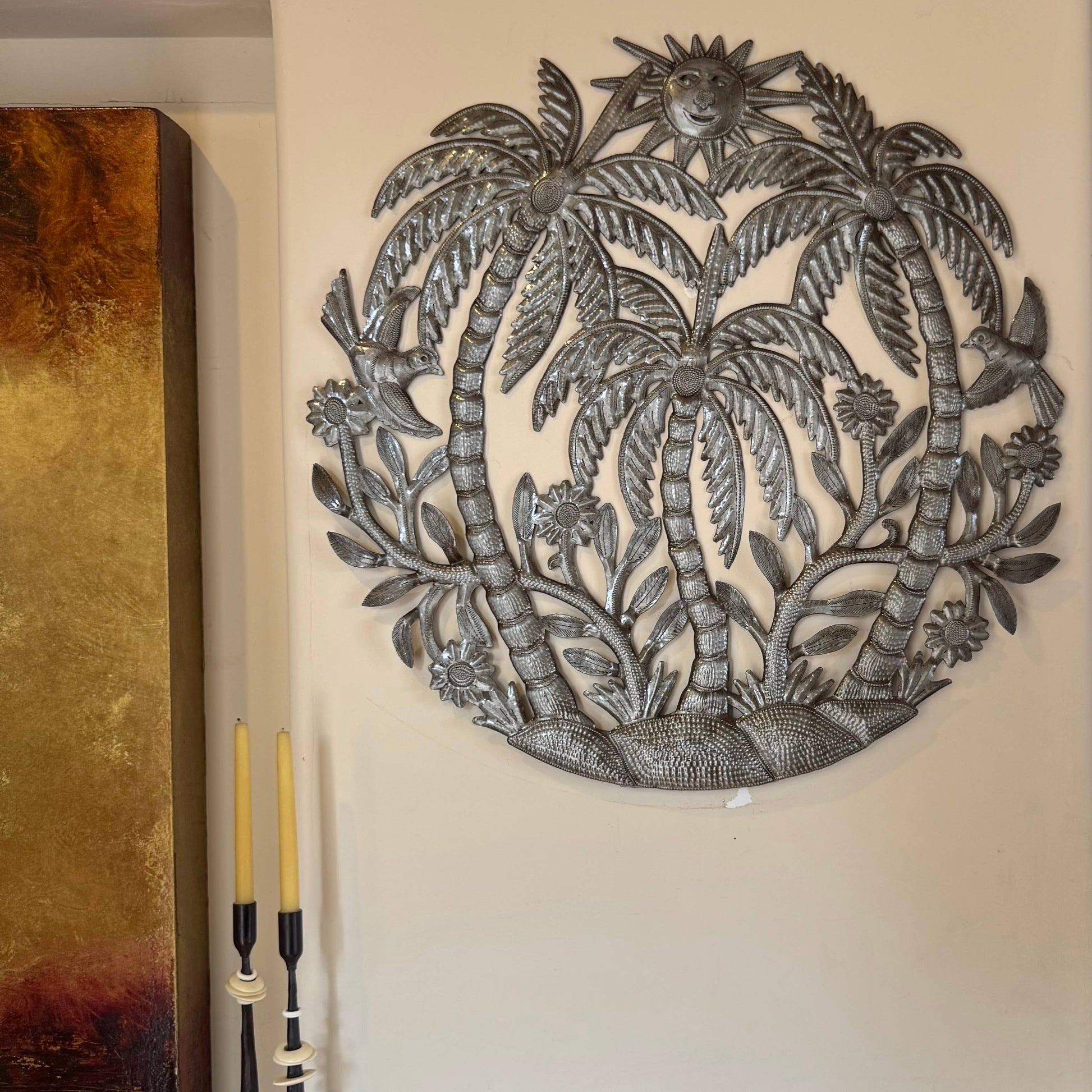 Haitian Metal Wall Art – Palms, Sun & Birds, Fair Trade 23"