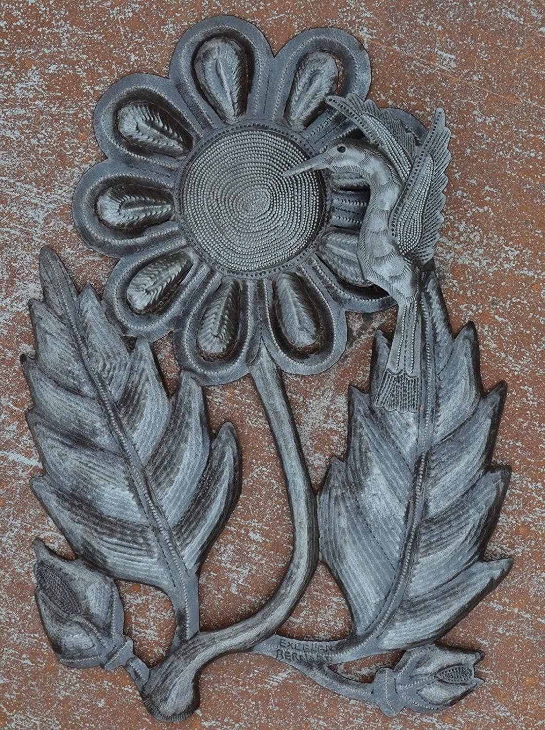 11" x 17.5" Hummingbird with Flower, Metal Garden Art