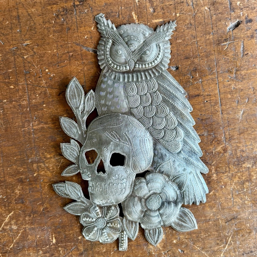 Haitian Metal Art Owl Skull Flowers Day of the Dead. 11.5"