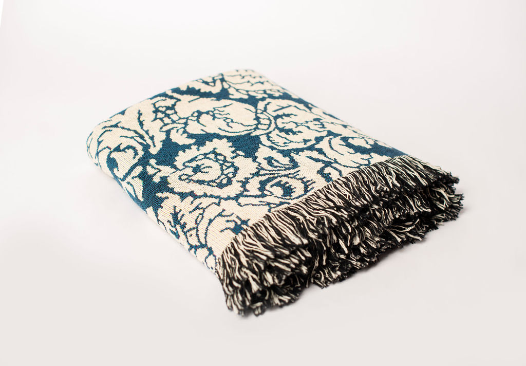 Blue Damask Floral Jacquard Woven Throw