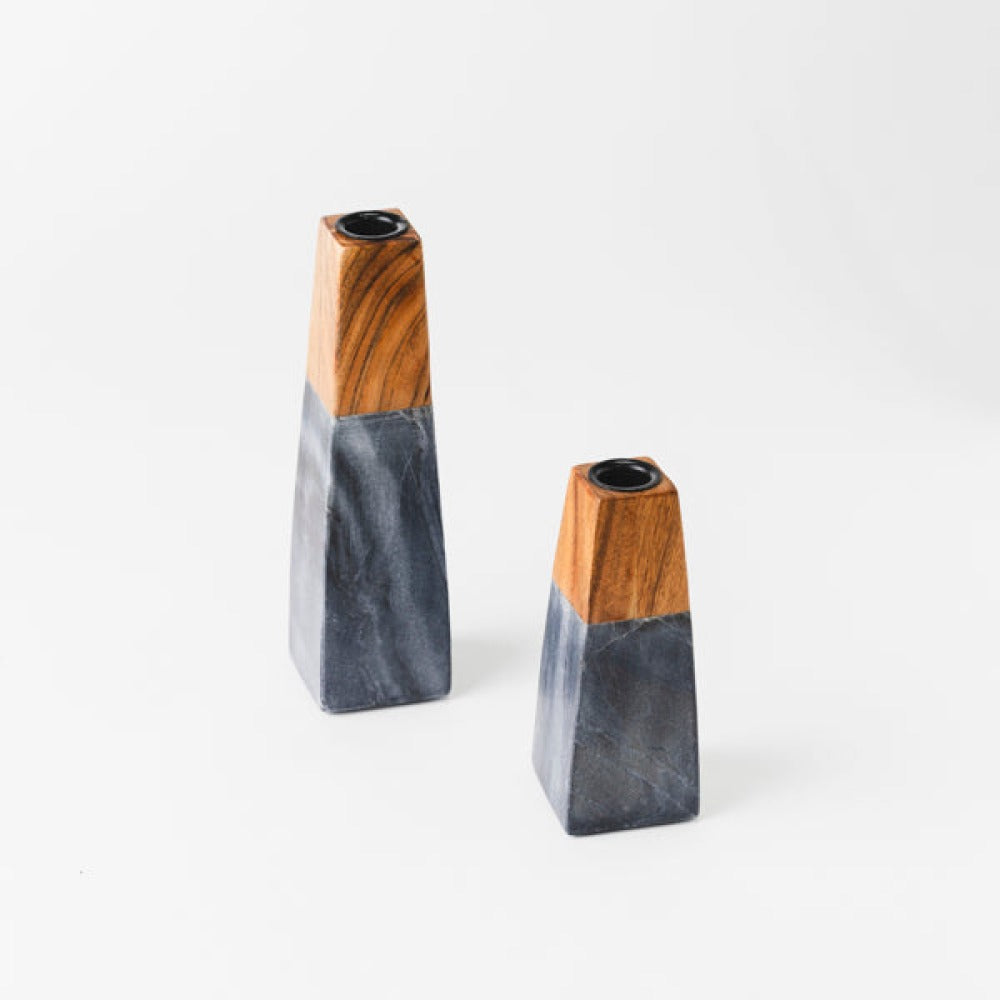 Tapered Marble & Acacia Candleholder