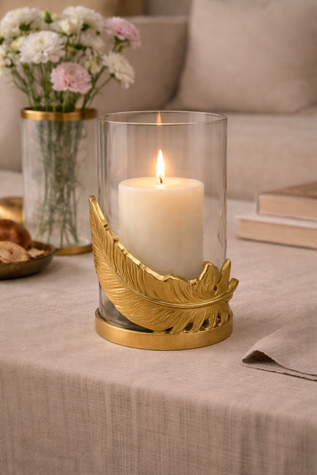 Raíz Studio Fleather Glow Candle Holder – Hand-Cast Gold Metal & Glass Votive Holder
