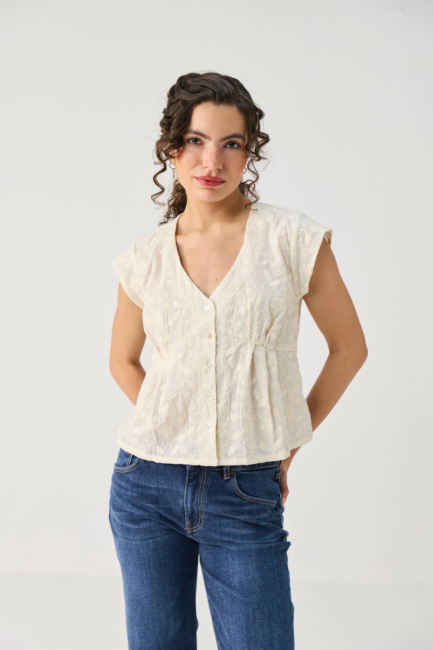 Embroidered Deep V Neck Top in Cream
