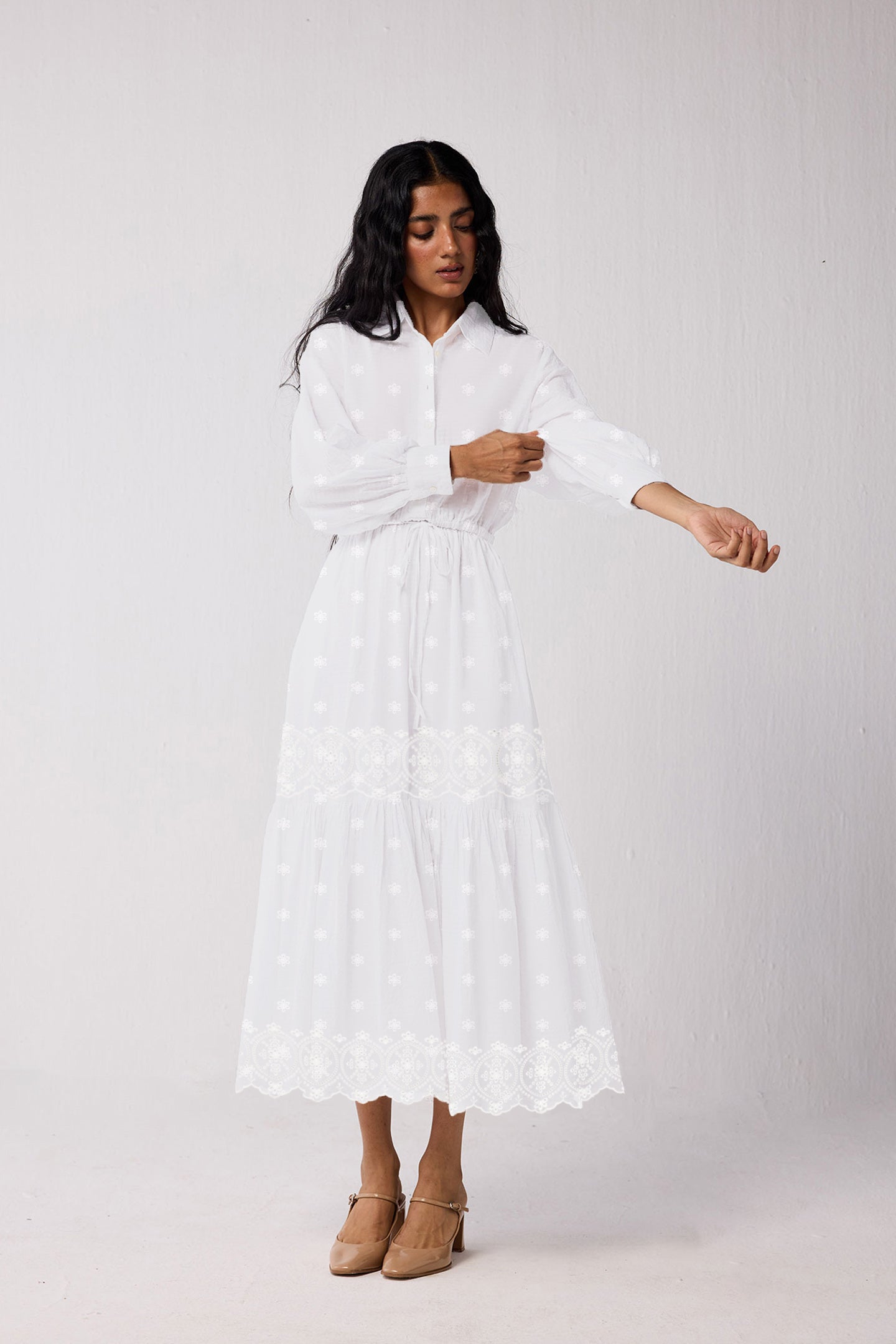 Embroidered Flowy Maxi Tiered Dress in White
