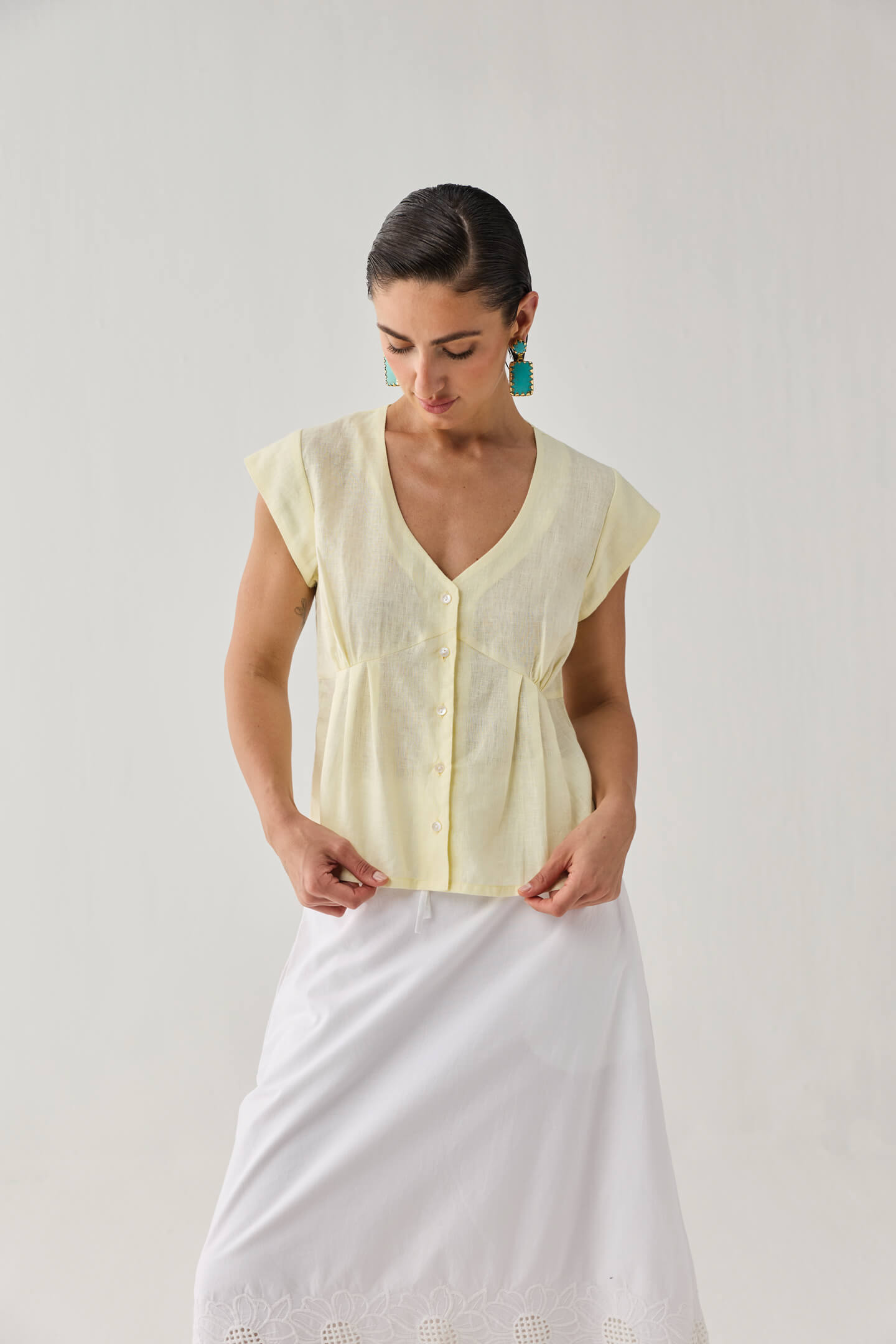 The Deep V Neck Top in Butter Lemon